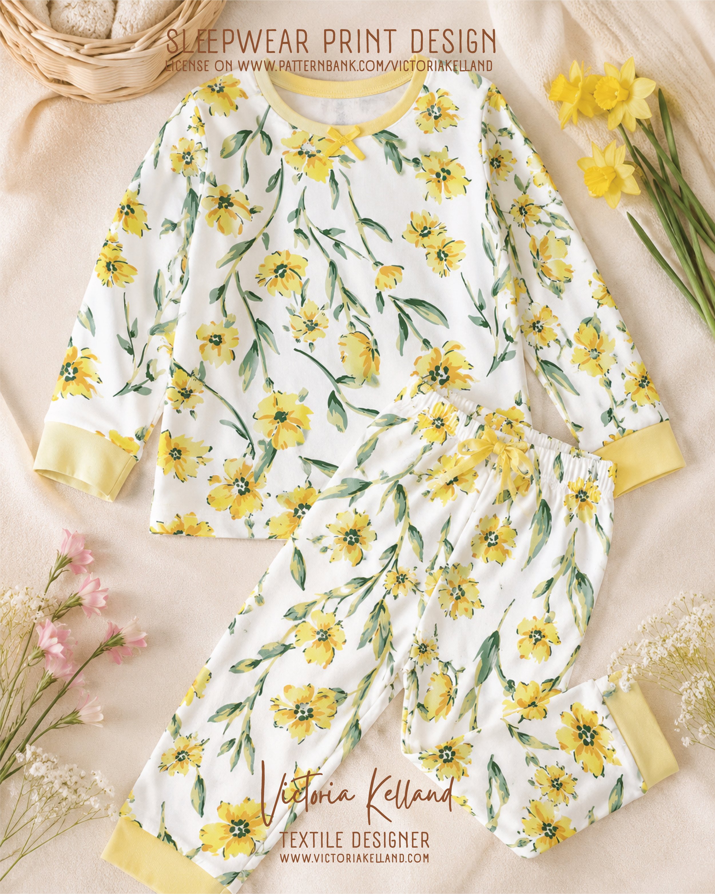 Engineered for the latest Patternbank INKY BLOOMS trend, this hand-painted floral print features an expressive botanical layout with loose painterly brushwork and trailing stems.

In vibrant buttercup yellow, soft sage palette, it is perfect for Spri