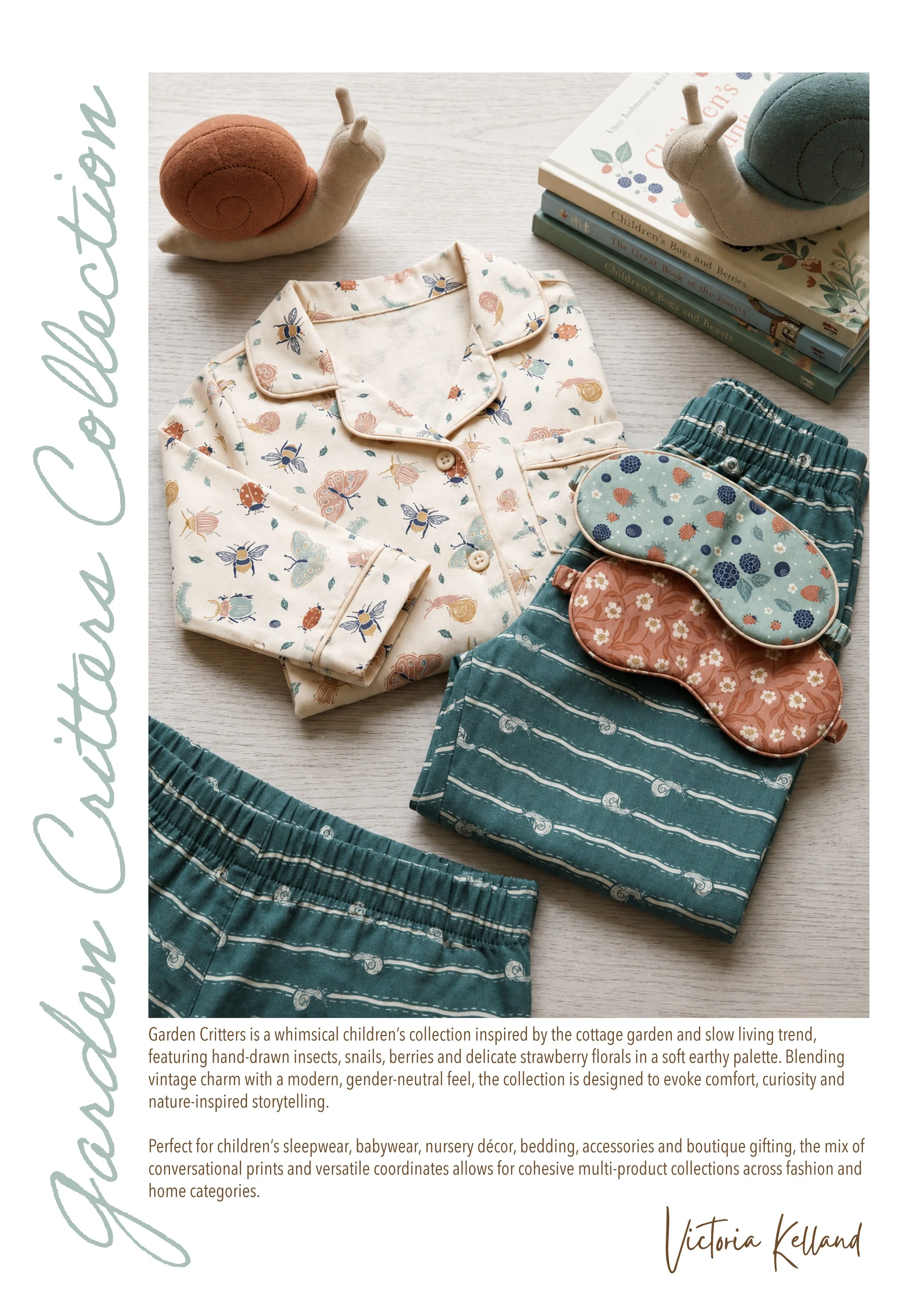 'Garden Critters' Print Collection for Kids Sleepwear & Intimate Apparel Prints. Visit www.patternbank.com/victoriakelland to license or email me on hello@victoriakelland.com with enquiries