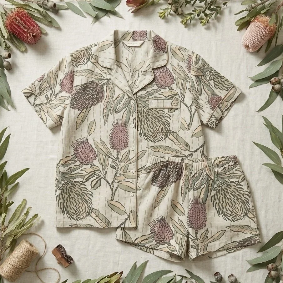 Ladies sleepwear Pattern licensing with native botanical florals and ticking stripe. matching shirt and shorts pyjama print for women