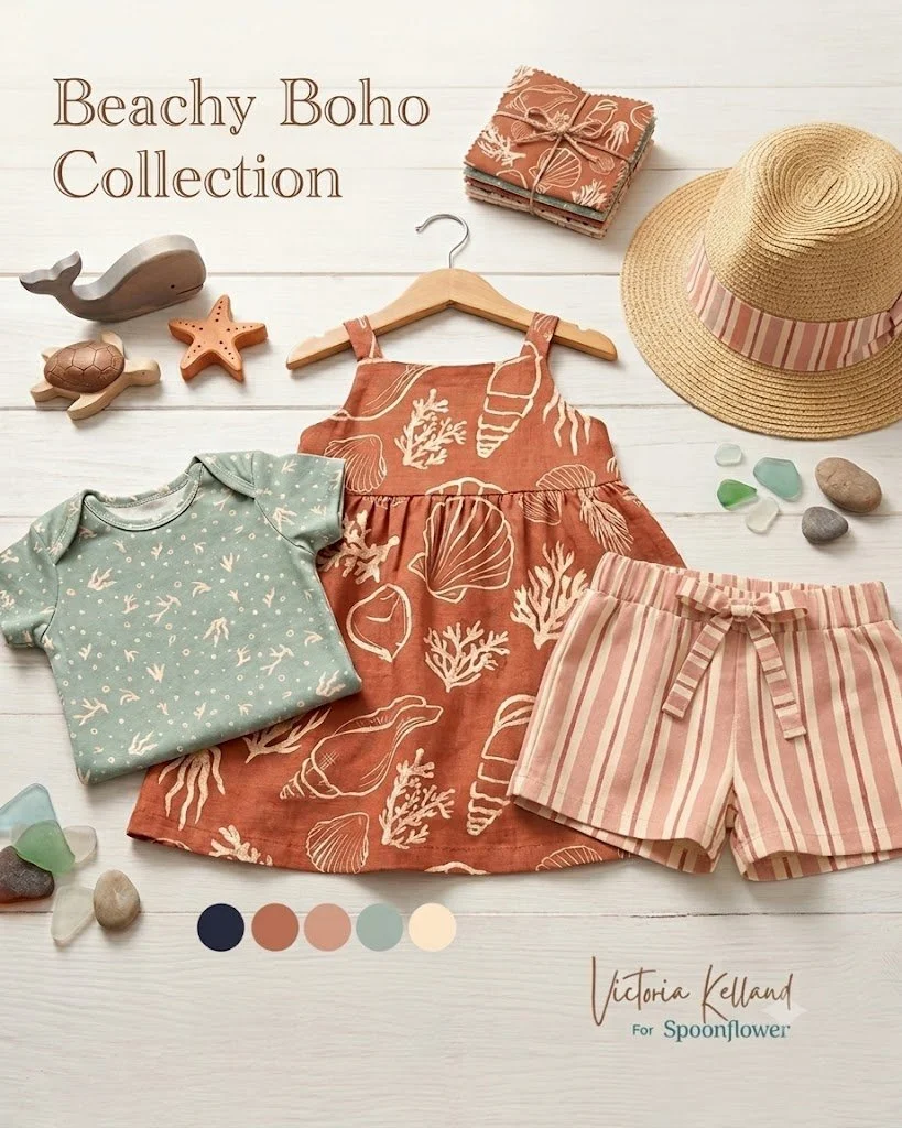beauty boho print collection with shells nd stripes and coral prints 