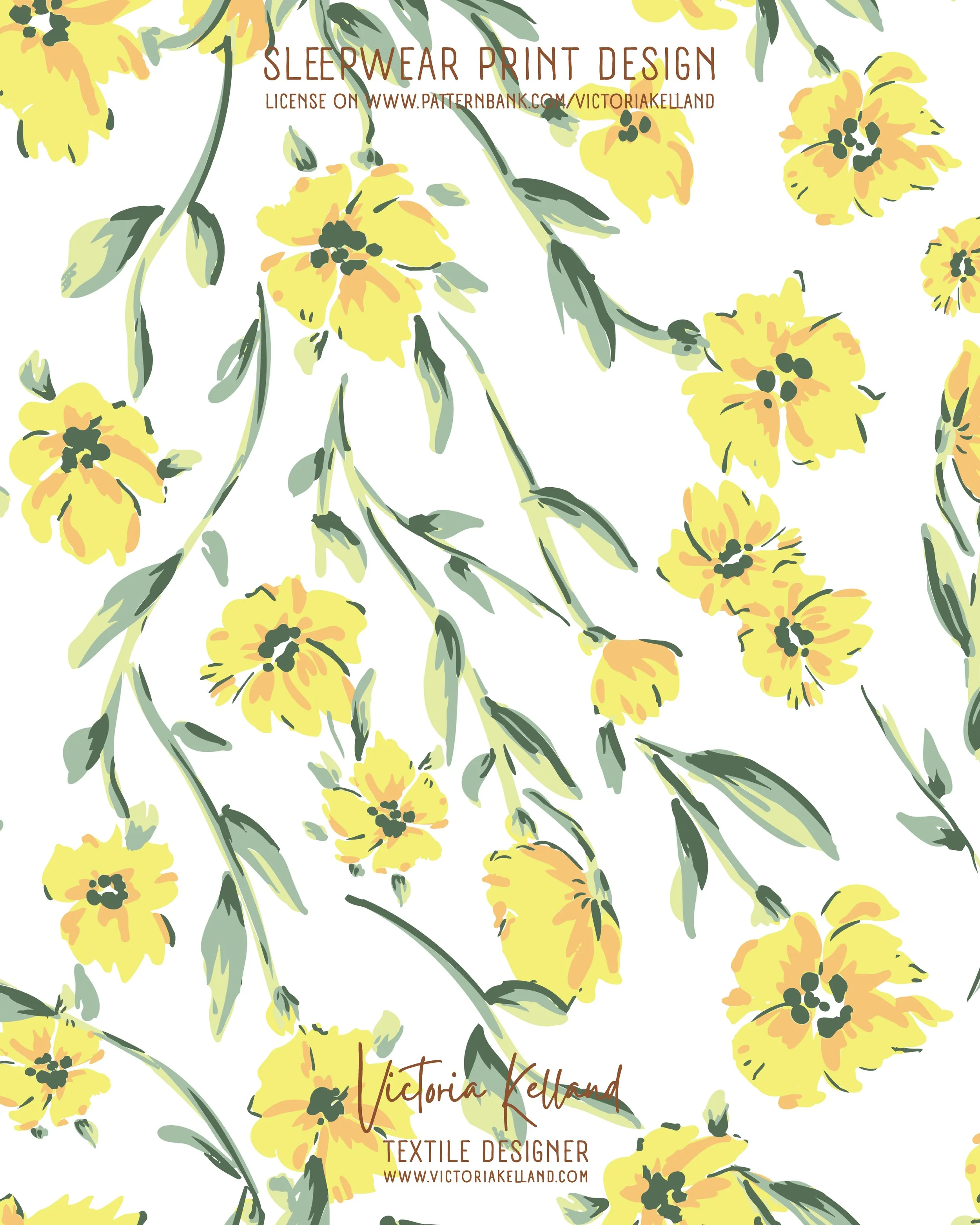Engineered for the latest Patternbank INKY BLOOMS trend, this hand-painted floral print features an expressive botanical layout with loose painterly brushwork and trailing stems.

In vibrant buttercup yellow, soft sage palette, it is perfect for Spri