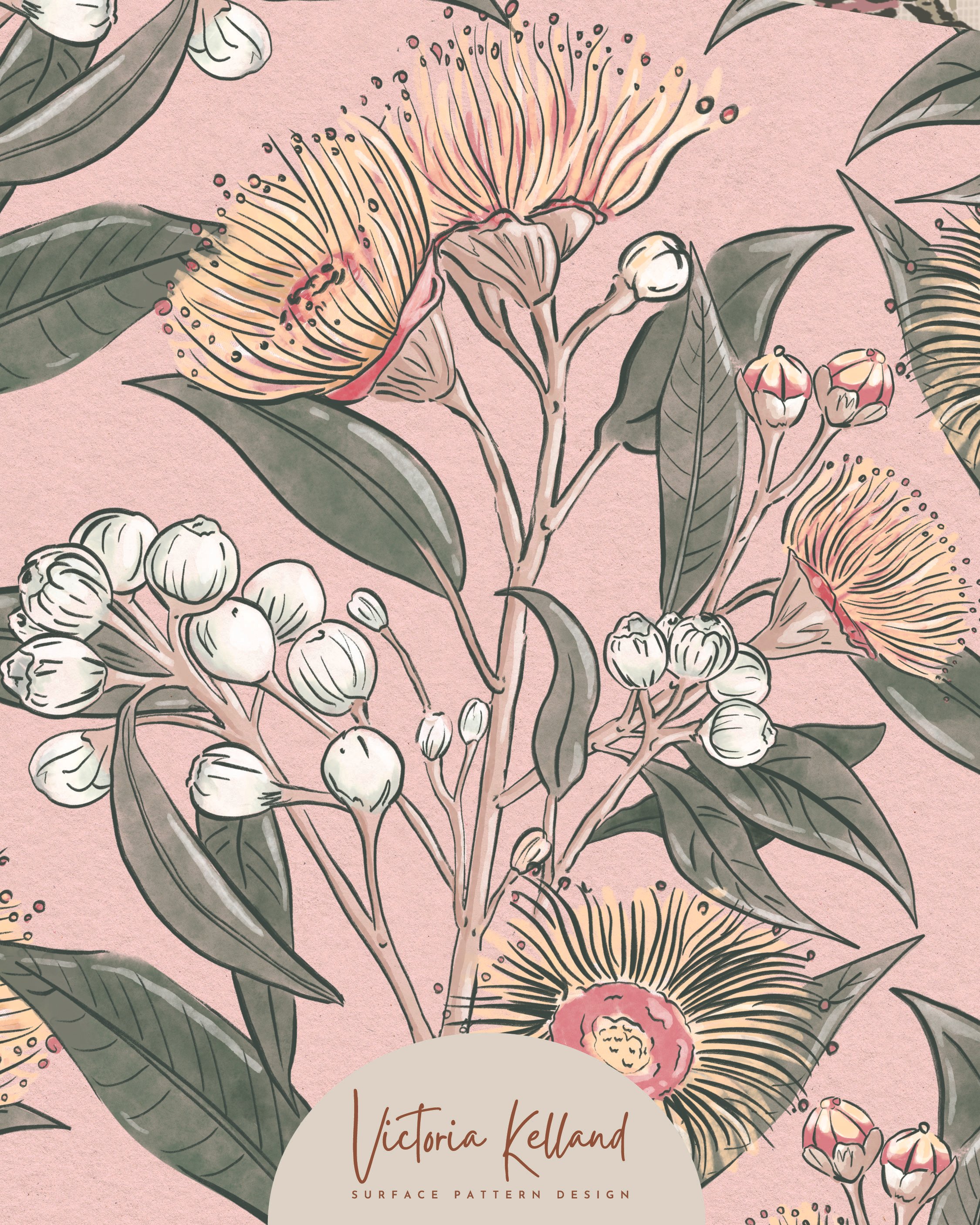 Australian Botanical Print featuring a hand drawn Eucalyptus flowers & buds floral, available to license privately by emailing me on hello@victoriakelland.com or can be purchased as wallpaper through the Spoonflower website