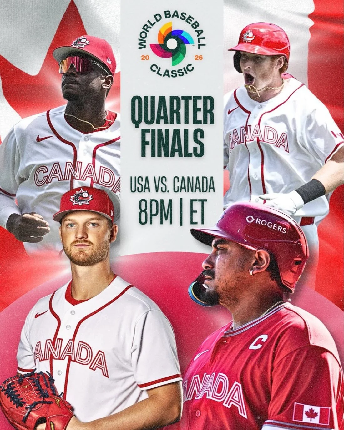 GO CANADA 🇨🇦 GO!

For the first time ever, Canada is in the World Baseball Classic quarterfinals and now faces arch rival USA. First pitch at 6 PM.

Come down to 4Seasons and cheer on our boys as they look to pull off the upset on our Big Screens. 
