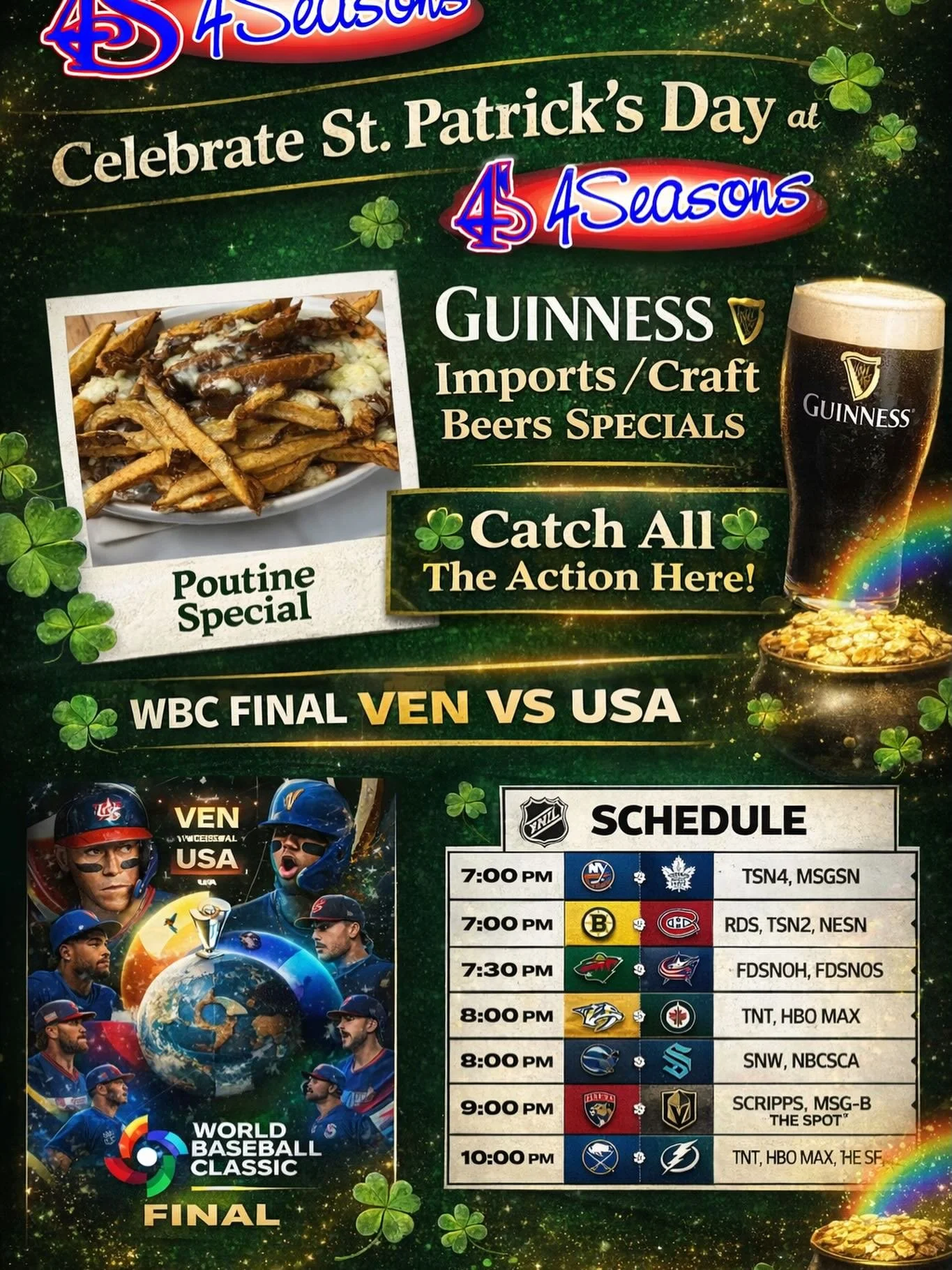 Lots of different ways to celebrate St. Patrick&rsquo;s Day 🍀 at 4Seasons.

Enjoy a Guinness plus all our imports and craft beers on special today. And yes&hellip; our poutines are on special too &mdash; but no green gravy here 😎

Come down and cat