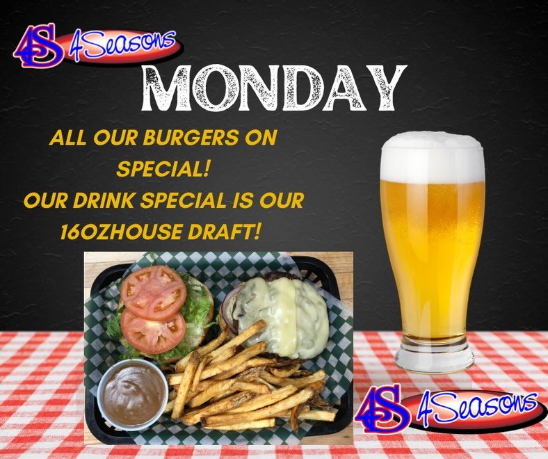 What a way to start the week at 4Seasons! 🍔🍺

All of our fabulous burgers are on special every Monday, including our awesome gluten free burgers. Pair one with a 16oz Pabst Blue Ribbon for just $5.25 before taxes.

What a great week it&rsquo;s goin