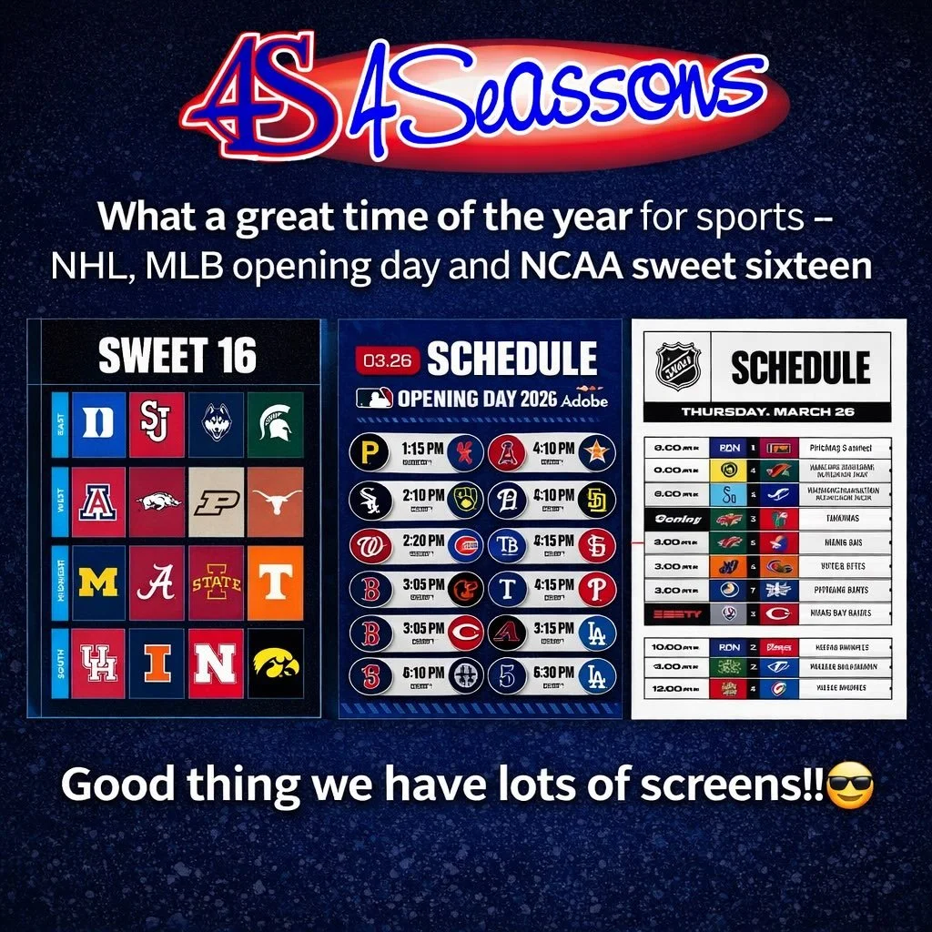 What a Terrific Thursday at 4Seasons! 😎🏒⚾🏀

The final push for NHL playoff positions, MLB Opening Day, and the NCAA Sweet Sixteen is here. Watch all the action on our huge video wall. Big Screens. Big Sound.

Enjoy our awesome boneless dry ribs an