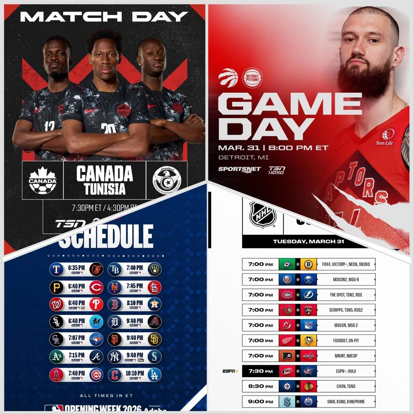 It&rsquo;s a Terrific Tuesday at 4Seasons! 😎🏒⚾️🍁

So much great action to fill our huge video wall tonight:

✅ 10 NHL games with huge playoff implications, especially for the Canadian teams still in the hunt
✅ The Pats pulled off a huge Game 2 vic