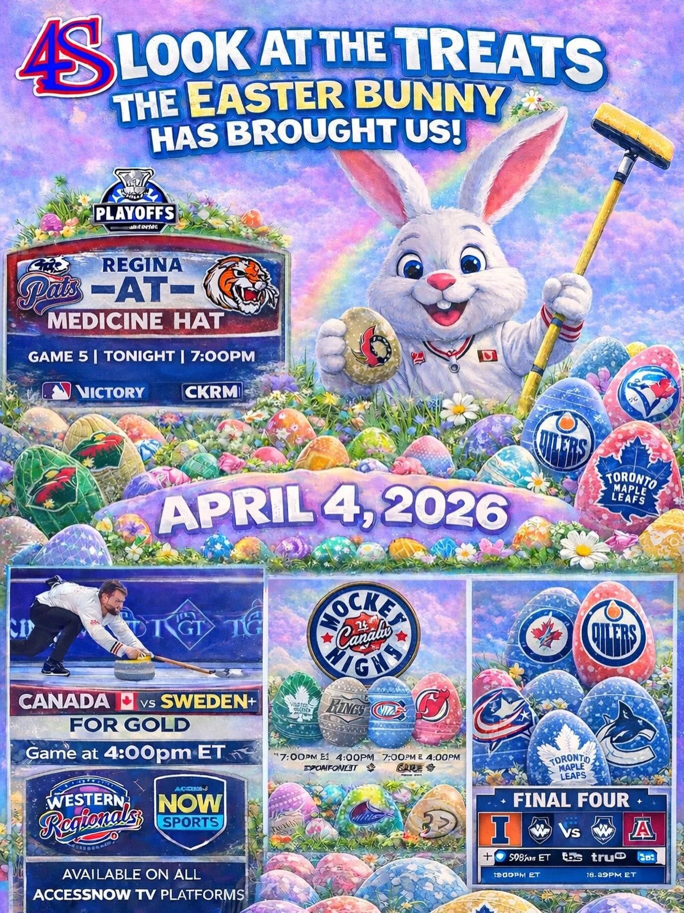 Loving the treats the Easter Bunny is bringing us today! 🐣🐰🏒🥌⚾🏀🥊

✅ All 7 Canadian teams are in action in the NHL as the final push to the playoffs continues.
✅ The Pats and Pats C&rsquo;s both need wins today. Catch both games on our huge vide