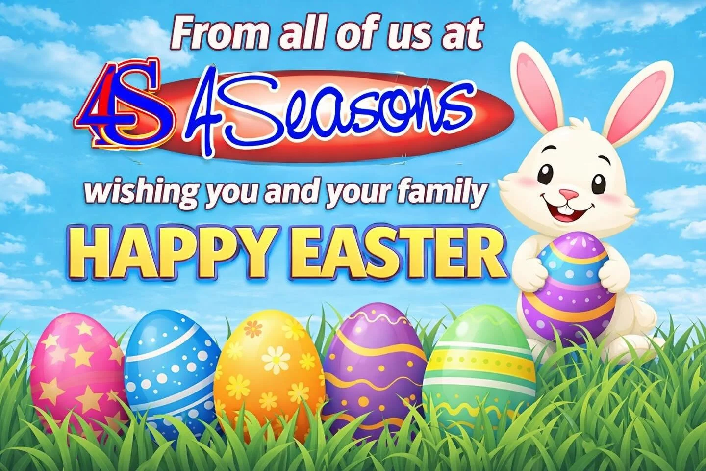 Wishing you and your family a Happy Easter from all of us at 4Seasons. 🐣🌷

We&rsquo;re open today, so order now from our fabulous kitchen and pick up your favourite beverage from our liquor retail store for takeout or delivery. 🍕🍻

Or come on dow