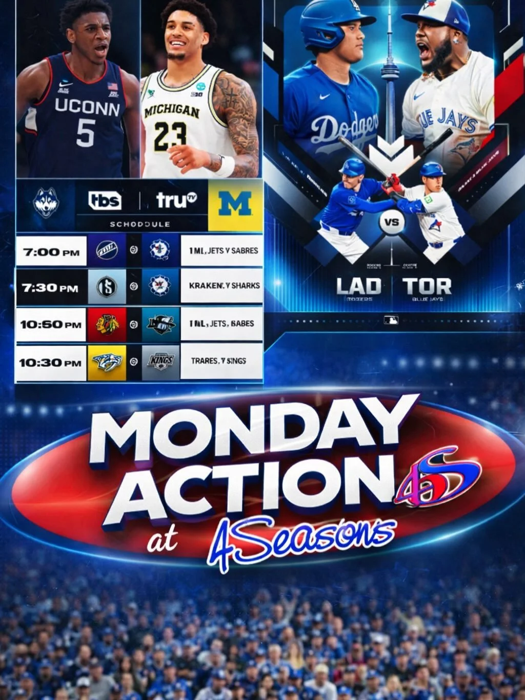 What a Magic Monday at 4Seasons ✨

First up, it&rsquo;s a World Series matchup between the Jays and Dodgers. Hey, maybe that&rsquo;s just what the Jays need to get out of their funk. First pitch at 5pm ⚾

Then it&rsquo;s the NCAA Men&rsquo;s National