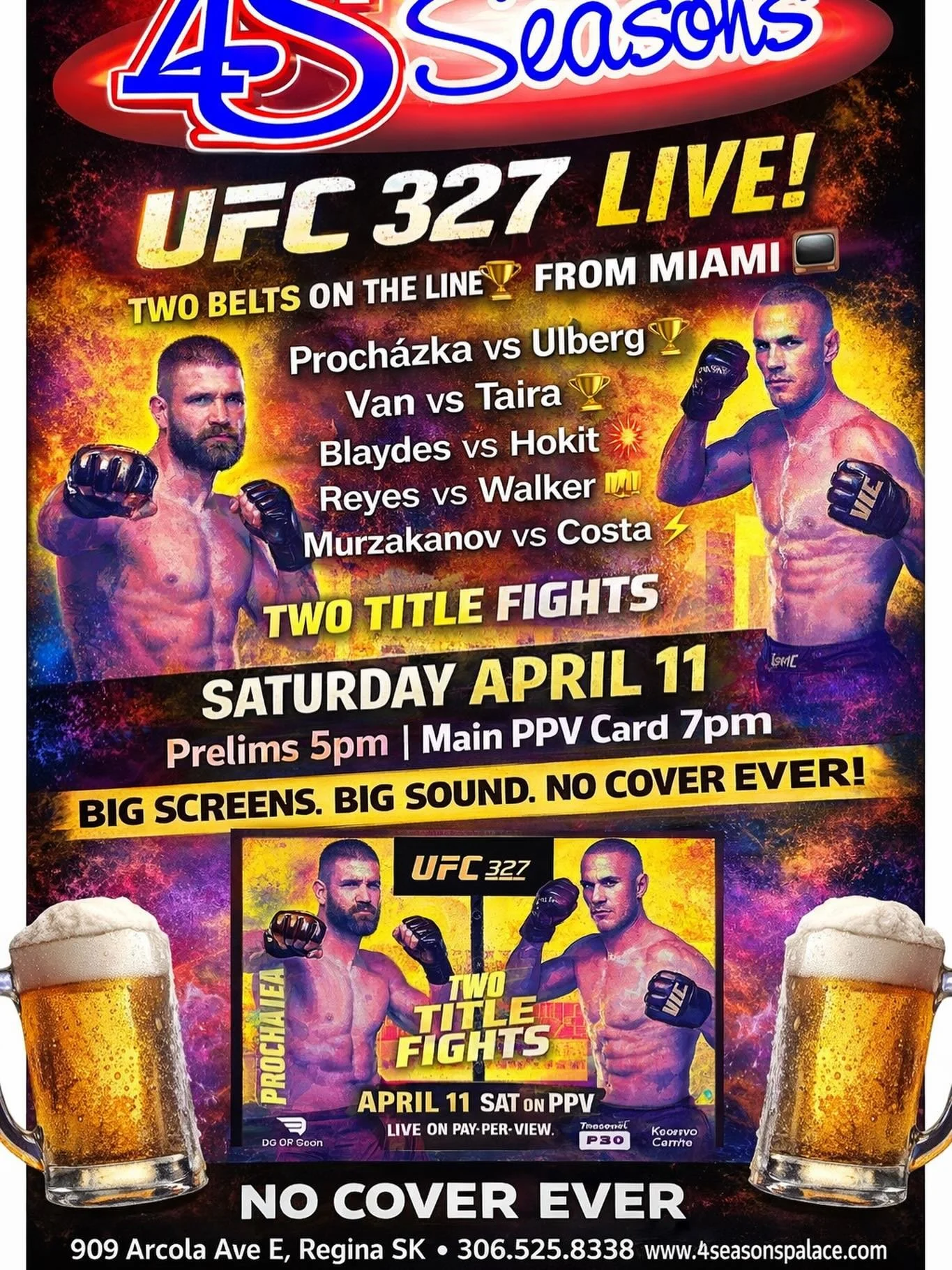 Instagram

🔥 UFC 327 LIVE at 4Seasons 🔥

Two belts are on the line in Miami this Saturday, April 11 and you can catch every punch, kick and knockout on our huge video wall.

🥊 Prelims 5pm 
🥊 Main PPV Card 7pm 

Jiri Prochazka vs Carlos Ulberg for