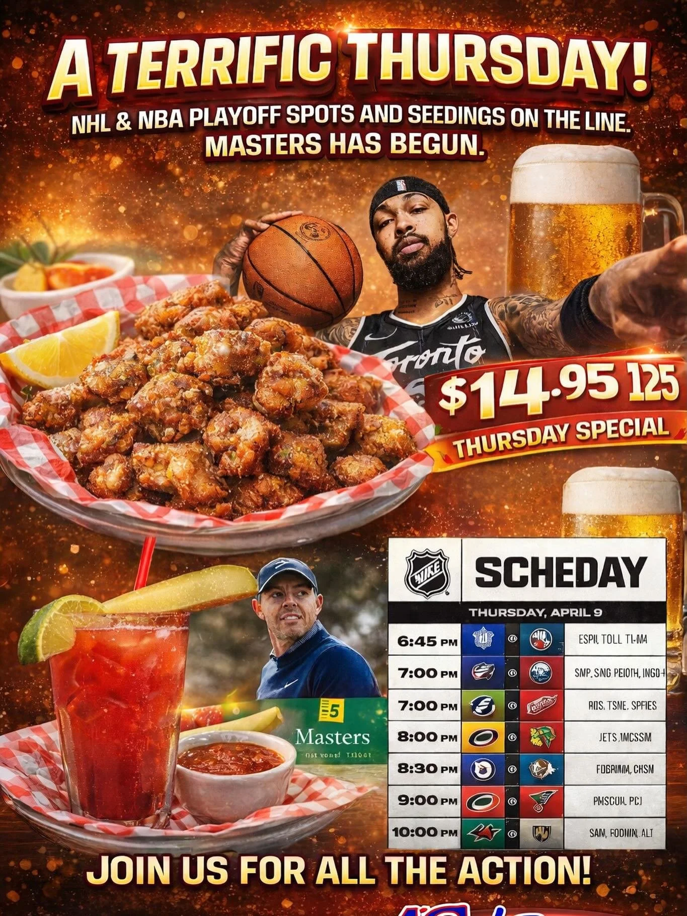 A Terrific Thursday at 4Seasons! 😎🏒🏀⛳️

NHL and NBA playoff spots and seedings are on the line, and The Masters has officially begun. Catch all the action on our huge video wall and big screens all around the room.

Our awesome boneless dry ribs a