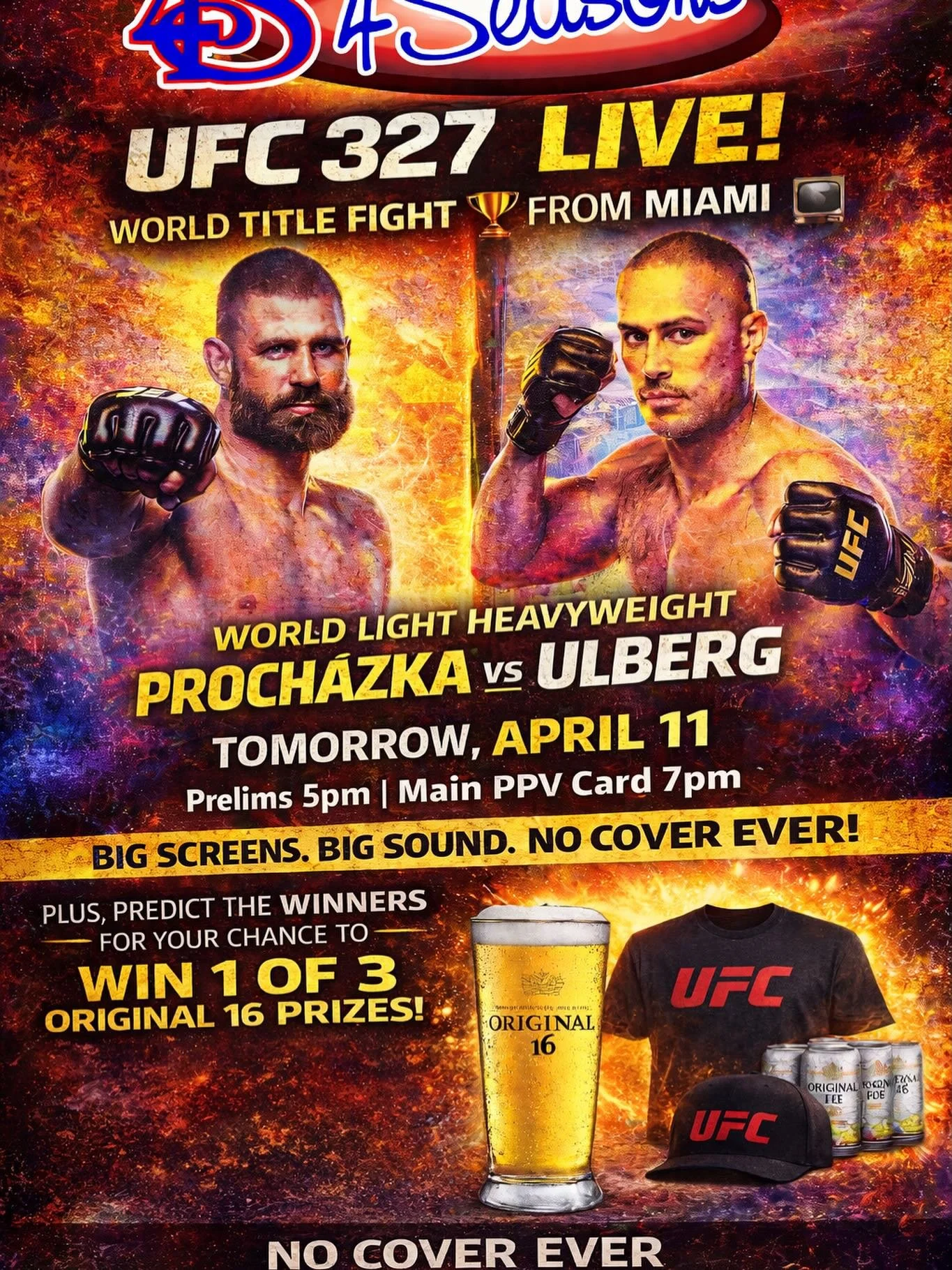 UFC 327 is LIVE at 4Seasons tomorrow, Saturday, April 11! 🥊🏆

The vacant Light Heavyweight title is on the line as Jiř&iacute; Proch&aacute;zka meets Carlos Ulberg in a fight that has absolute knockout energy from start to finish. ⚡🔥

The card is 