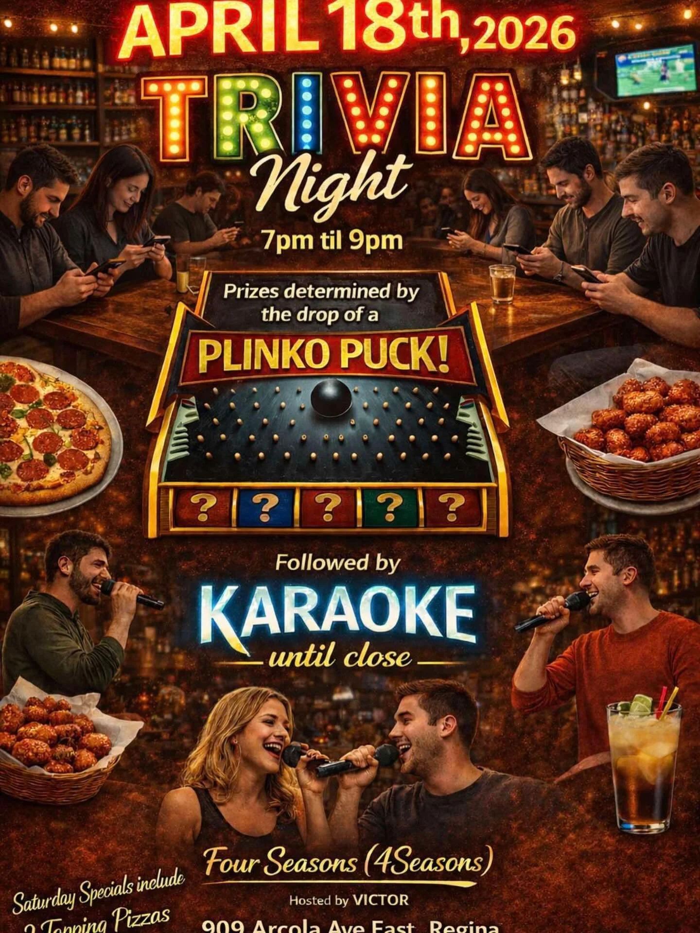 🏒🏀🎤 SUPER SATURDAY at 4Seasons on Saturday, April 18! 🎤🏀🏒

The NHL playoffs are here and the NBA playoffs are tipping off, so get ready for a full day and night of huge sports action on our big screens.

Then keep the fun going with Trivia Nigh