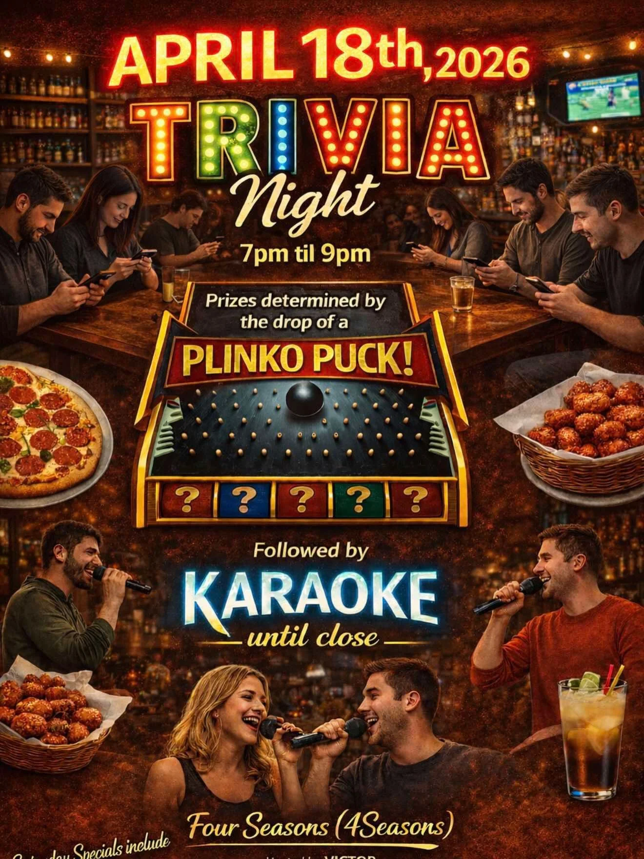 🔥 The weekend is here and tomorrow is a SUPER SATURDAY at 4Seasons! 🔥

✅ Trivia starts at 7pm and Karaoke follows&hellip; we can multitask, right? 😎🎤
✅ The NHL playoffs begin and we&rsquo;ll feature the Habs, Oilers and Sens. Bring the gang down 