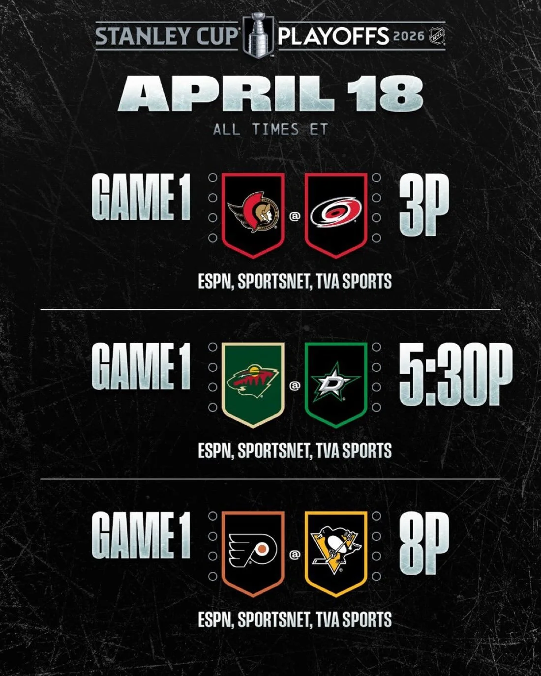 🏒🎤 Super Saturday has arrived at 4Seasons! 🎉

The quest for Lord Stanley begins tonight with the NHL Playoffs &mdash; GO SENS GO, GO HABS GO, GO OILERS! 🇨🇦🏒

The Raptors begin their NBA playoff journey, and we&rsquo;ve also got a special UFC Fi