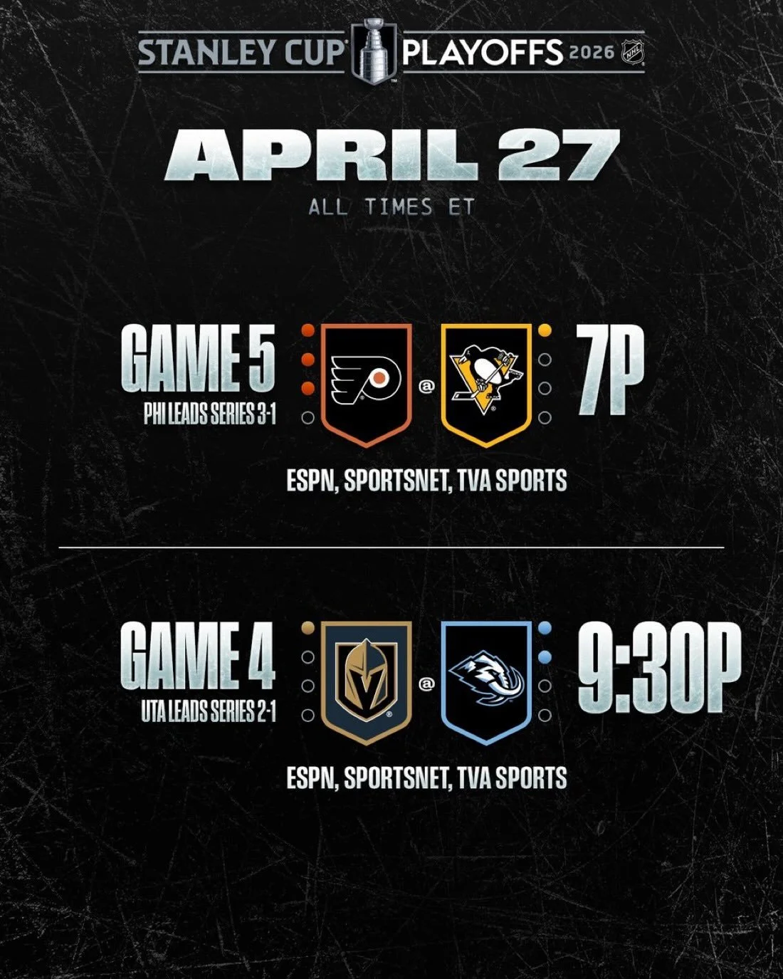 The incredible NHL and NBA playoff action continues this Monday at 4Seasons! 🔥

✅ Can the Pens stay alive?
✅ Can upstart Utah take a 3-1 lead?
✅ Must-win energy for the Nuggets, Pistons and Suns
✅ Red Sox are in town to take on the Jays, plus MLB ac