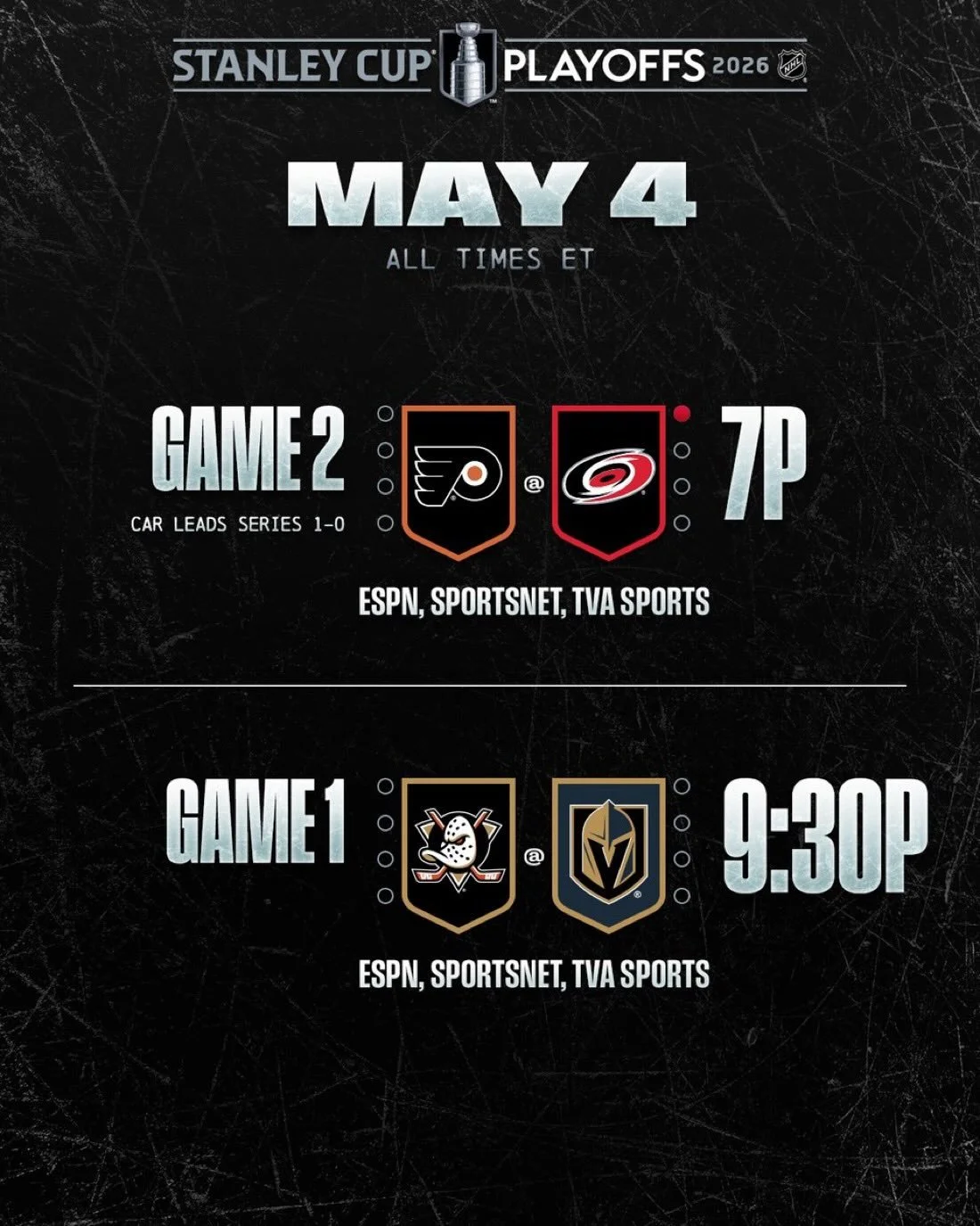 May the Fourth be with us&hellip; but tonight the sporting force is STRONG 💪🔥

Round 2 is here and the intensity is turned all the way up ⬆️

🏒 NHL
Game 2: Philadelphia Flyers at Carolina Hurricanes &ndash; 5pm
Game 1: Anaheim Ducks at Vegas Golde