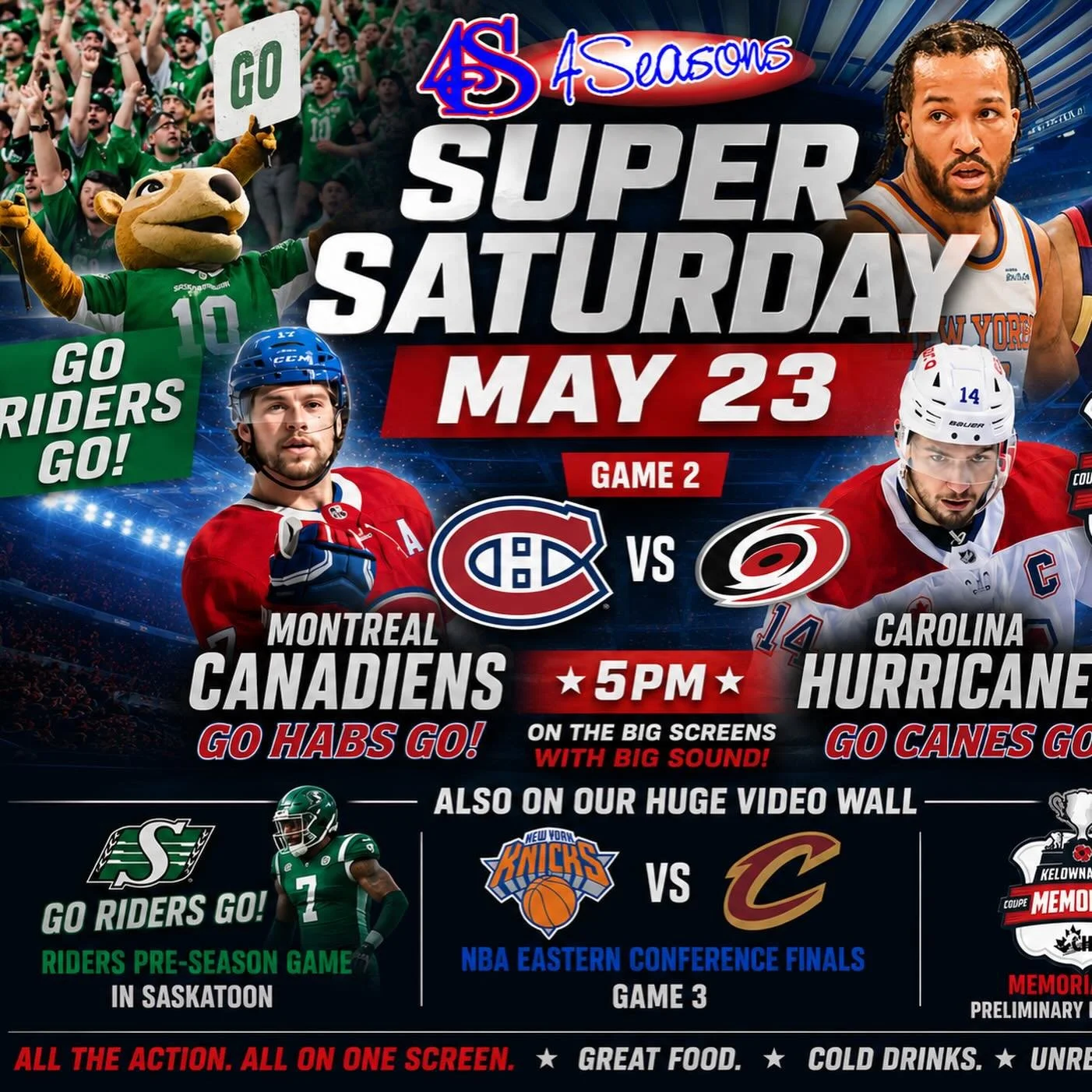 Are you ready for a SUPER SATURDAY at 4SEASONS? 🔥

Game 2 of the Eastern Final between the Habs and Hurricanes goes at 5pm, featured on our Big Screens with Big Sound. Can the Habs take a 2-0 series lead?GO HABS GO! 🔵⚪🔴

We&rsquo;ll also have the 