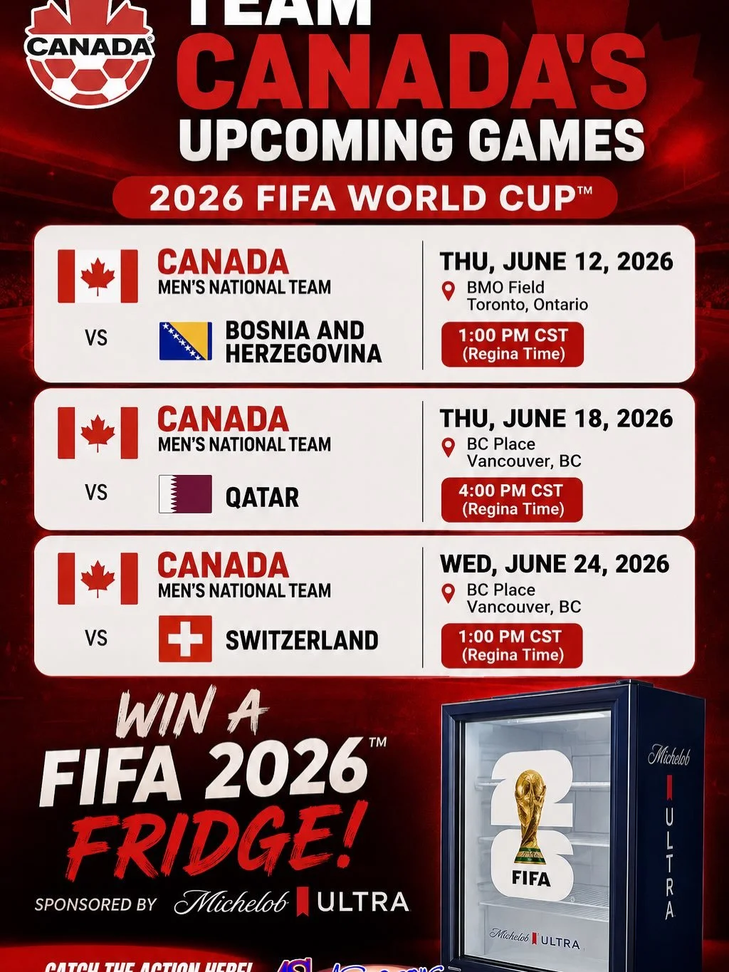 🔥 Welcome to one of the greatest sporting weeks of the year! 🔥

Canada welcomes the world as one of the host nations for FIFA 2026! ⚽🇨🇦 Join us this Friday at 1:00pm as Team Canada takes on Bosnia &amp; Herzegovina in their first group match at t