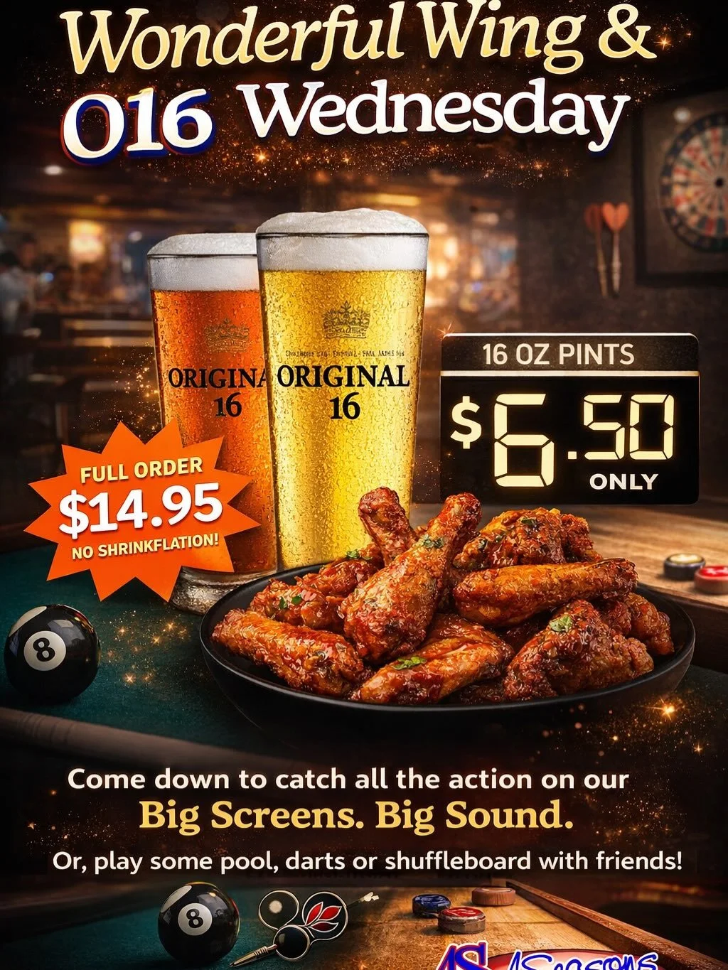 🍗🍺 It&rsquo;s a WONDERFUL WING &amp; O16 WEDNESDAY at 4Seasons!

NO SHRINKFLATION. NO COMPROMISE ON QUALITY. JUST GREAT WINGS!

🔥 A FULL 1 LB ORDER of our fabulous wings for just $14.95!

✅ Dedicated GLUTEN-FREE fryer available for GF orders!

🍺 