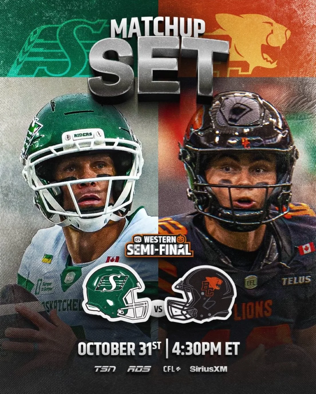 🏈💚💚 INTO THE LIONS&rsquo; DEN THE JOLLY GREEN GIANTS GO! 🍉🐯

The CFL WESTERN SEMI-FINAL IS SET! Our beloved Saskatchewan Roughriders head into enemy territory for a Halloween showdown with the BC Lions!

📅 Saturday, October 31
⏰ Kickoff 2:30 PM