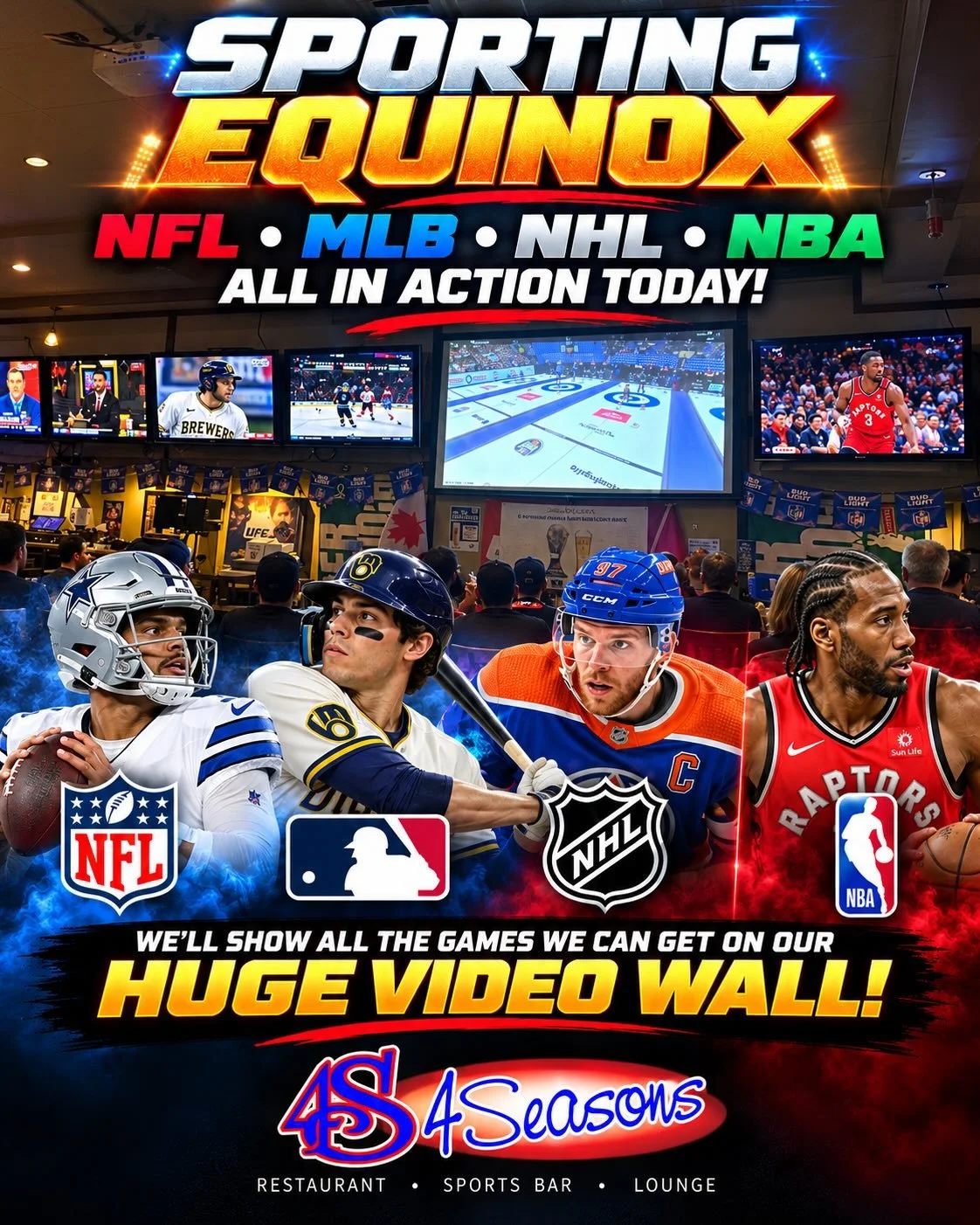 🏈⚾🏒🏀 IT&rsquo;S AN EXTRA SPECIAL MAGIC MONDAY AT 4SEASONS! 🍔🍺

It&rsquo;s the SPORTING EQUINOX! That magical day when the NFL, MLB, NHL and NBA are ALL in action! Four major leagues, one incredible day of sports, and one place to catch it all &m