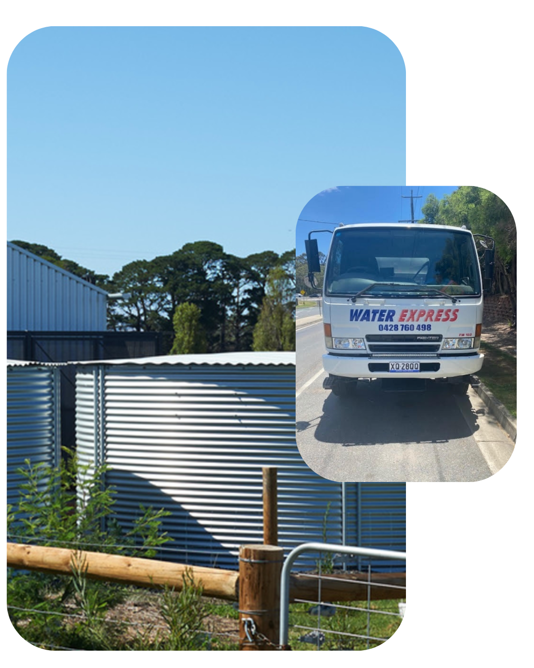 A white water delivery truck parked on the side of a road with green trees and a utility pole in the background.