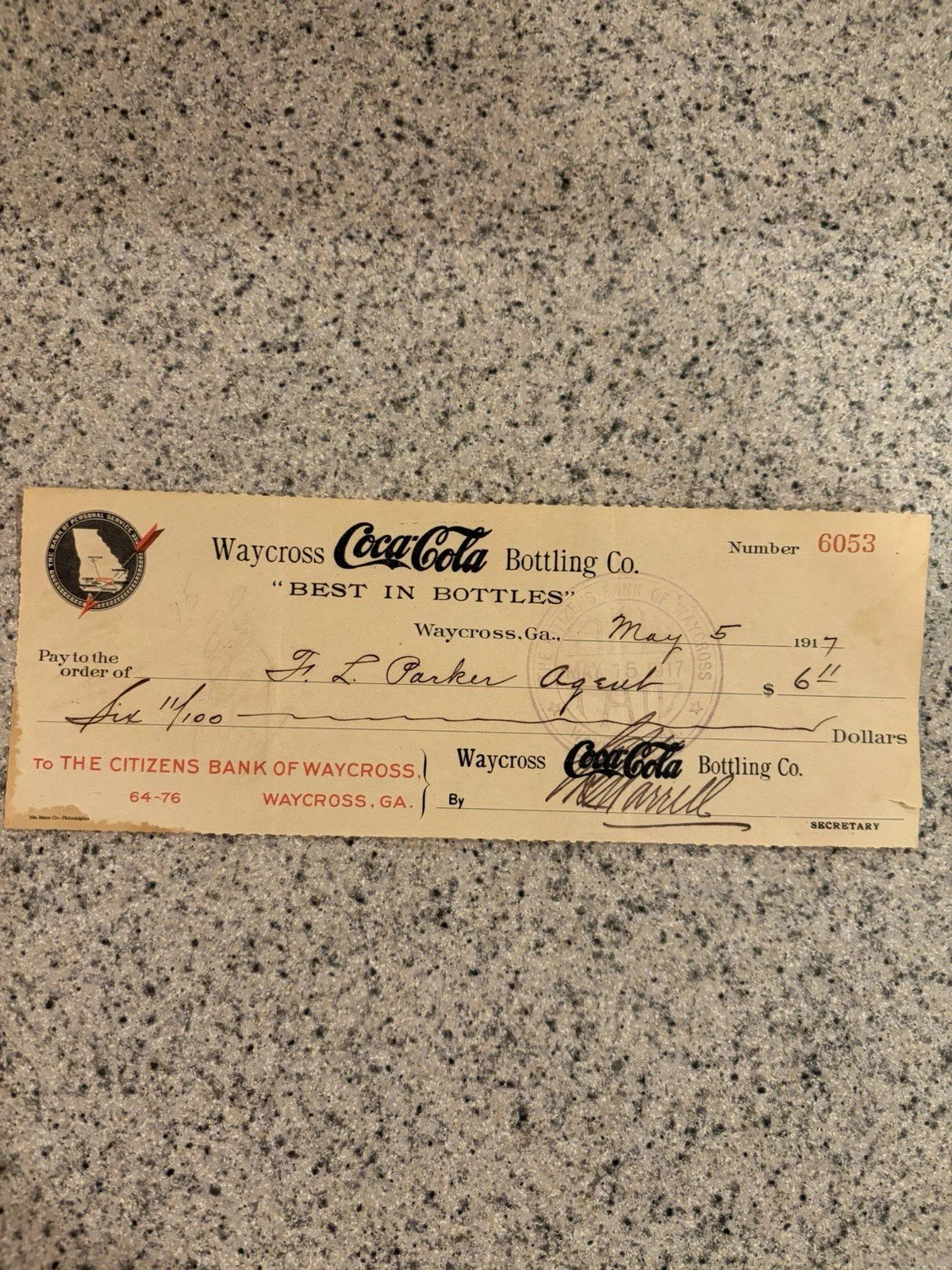 Coca-Cola Waycross Bottling Co. Bank Check 1917