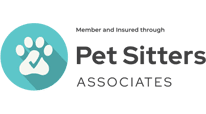 Logo for Pet Sitters Associates with a teal circle containing a white paw print and black text