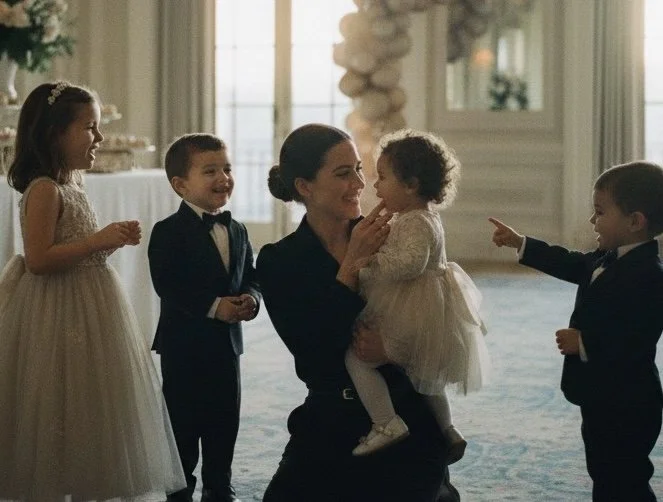 A woman in a dark dress is holding a young girl in a white dress, surrounded by three children in formal attire, at an elegant event with large windows and decorated interior.