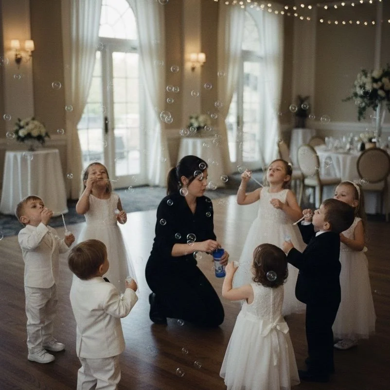 Young woman kneeling and blowing bubbles for children dressed in formal attire at a celebration event in a decorated hall.