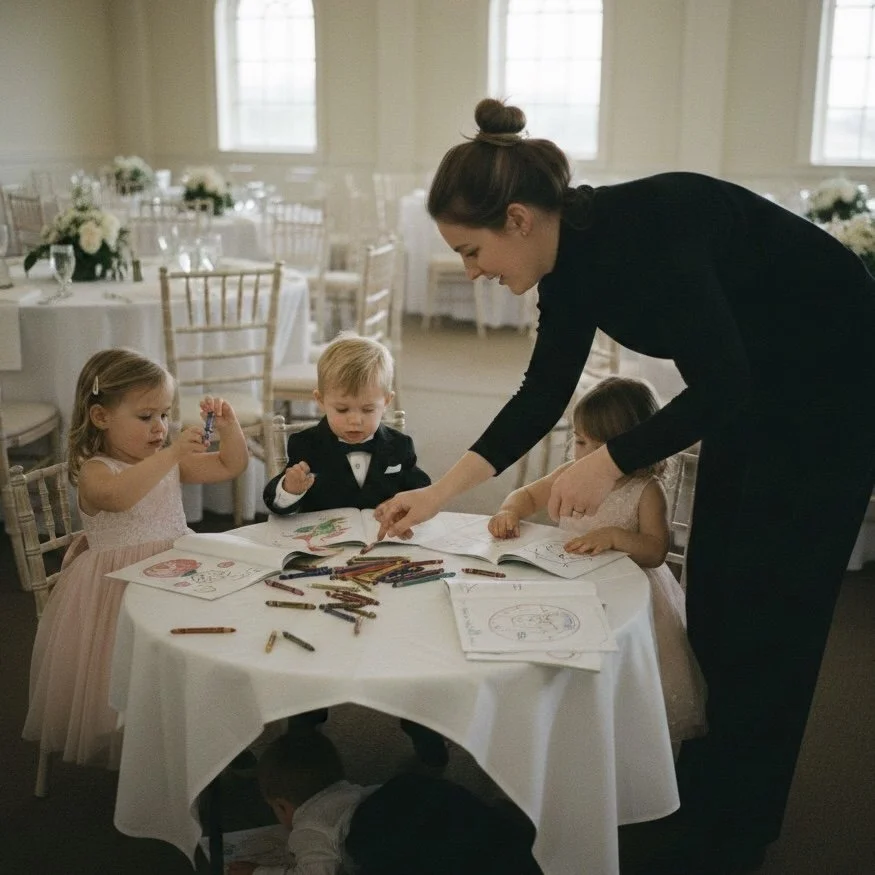 A woman in a black dress helping three young children with drawings at a round table, in a decorated event hall with white chairs and floral centerpieces.