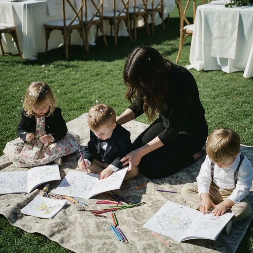 Adult woman and three children sitting on a rug outdoors with coloring books and colored pencils, surrounded by tables with white tablecloths and chairs, on a grassy area.