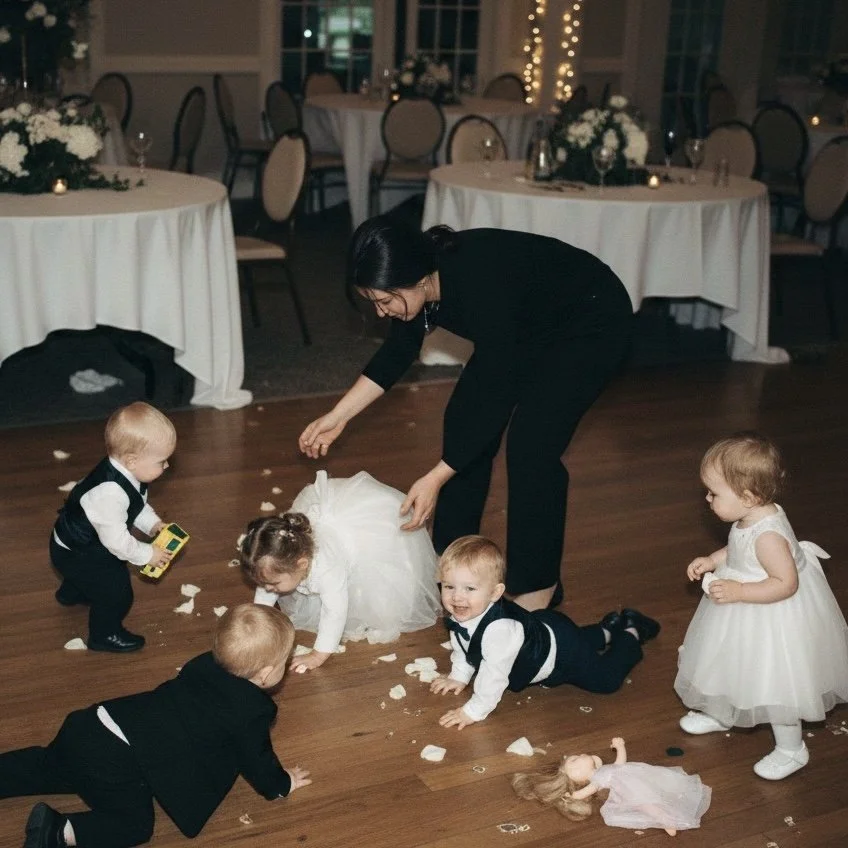 A woman and five children playing on a wooden floor at a wedding reception in a decorated event space with white tablecloths and floral centerpieces.