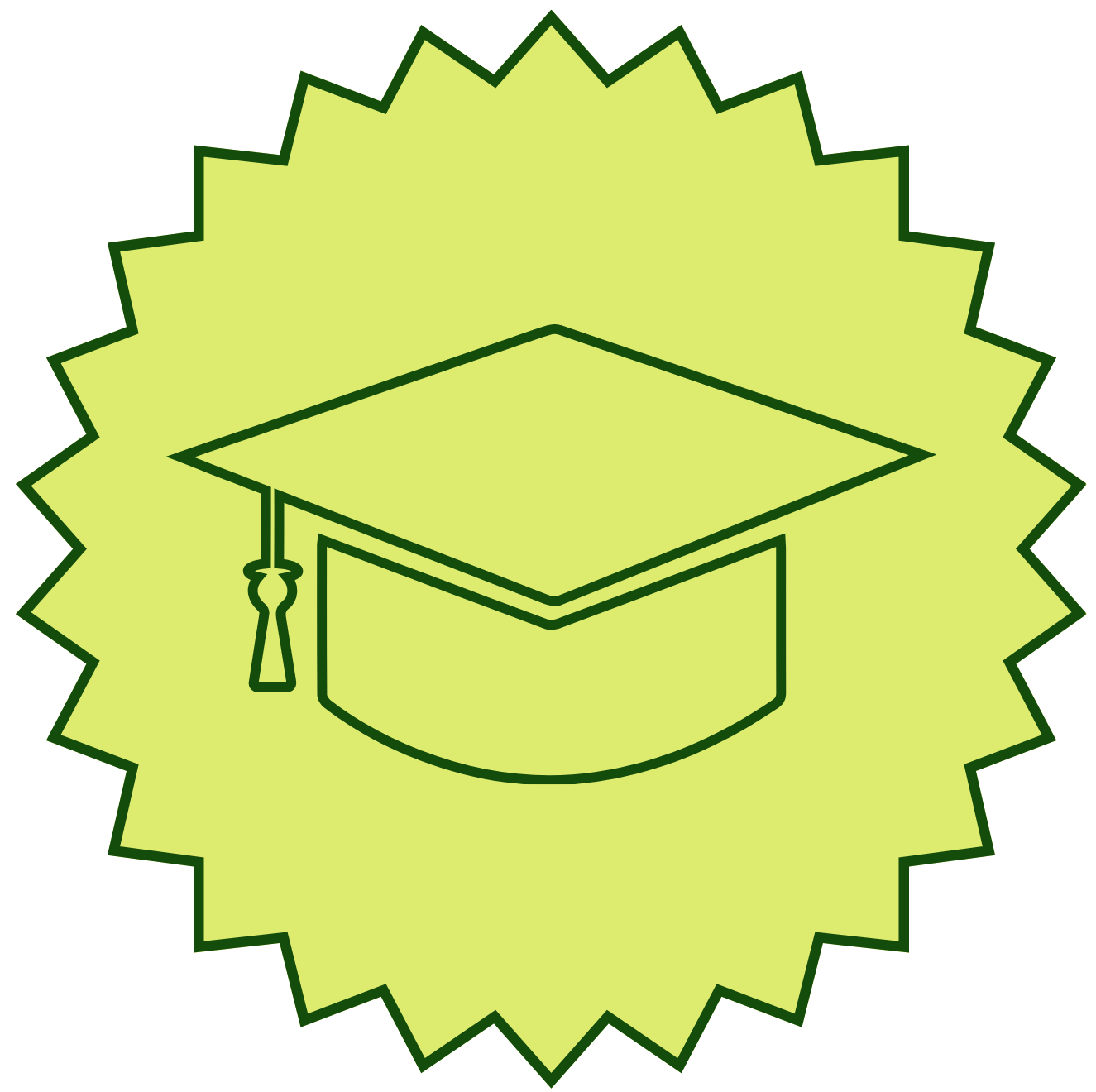 A green emblem with a spiky border featuring a simple line drawing of a graduation cap in the center.