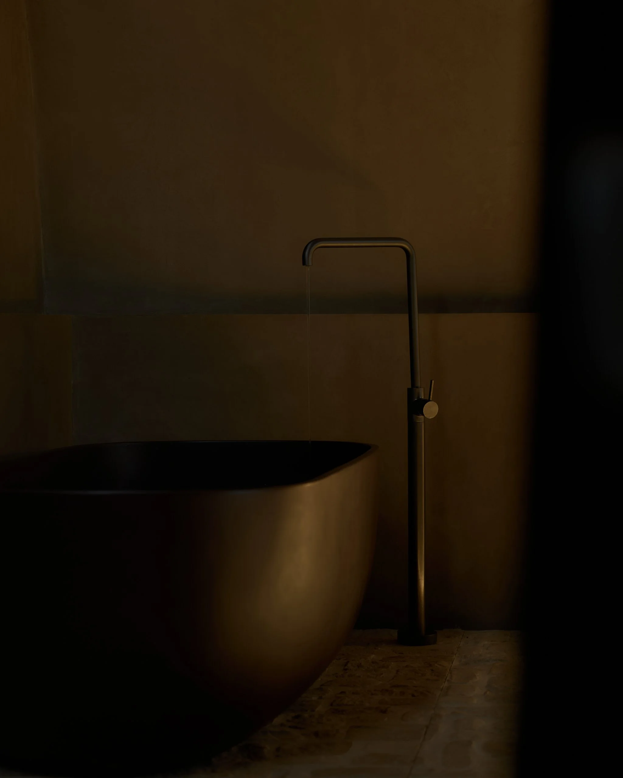 Dimly lit bathroom with a dark oval sink, a tall silver faucet, and a beige wall in the background.