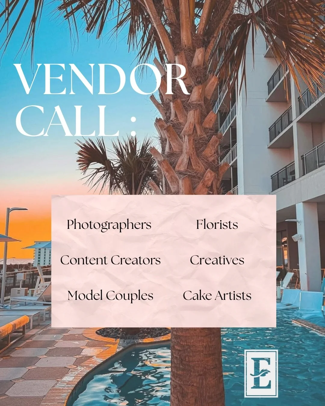Vendor call! We&rsquo;re building something beautiful on the Gulf Coast and we need your talent to make it happen.

My friend Darby at @embassysuitesgulfshores is hosting a styled shoot on May 17th and we still need:

🌸 Florals 
📸 Photographers 
🎥