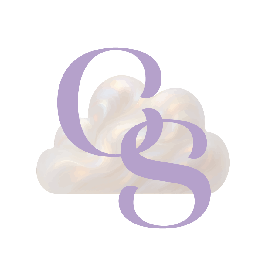 Abstract graphic with swirls of purple, beige, and white, featuring overlapping curving lines and geometric shapes.