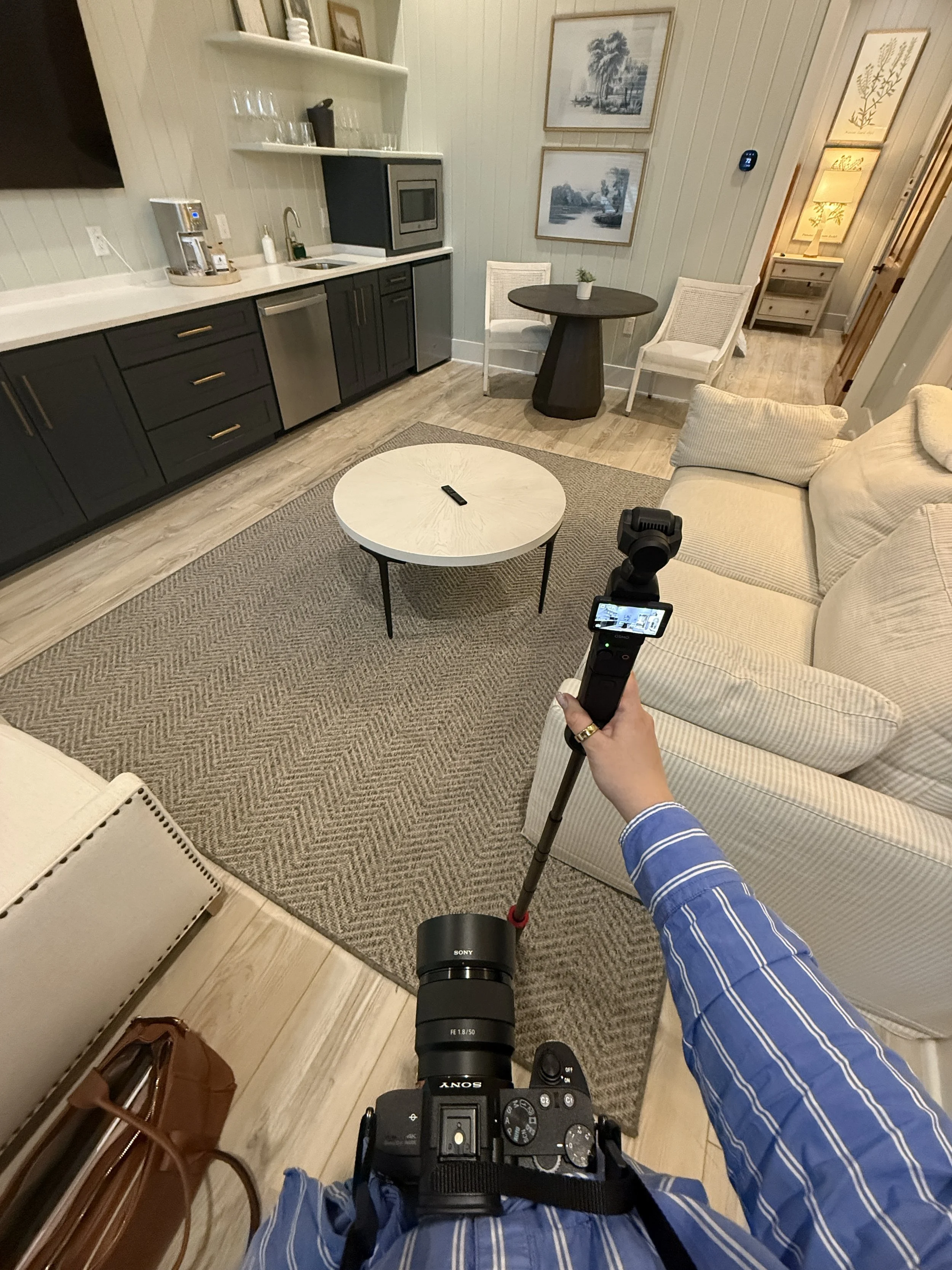 Filming content on clients sofa