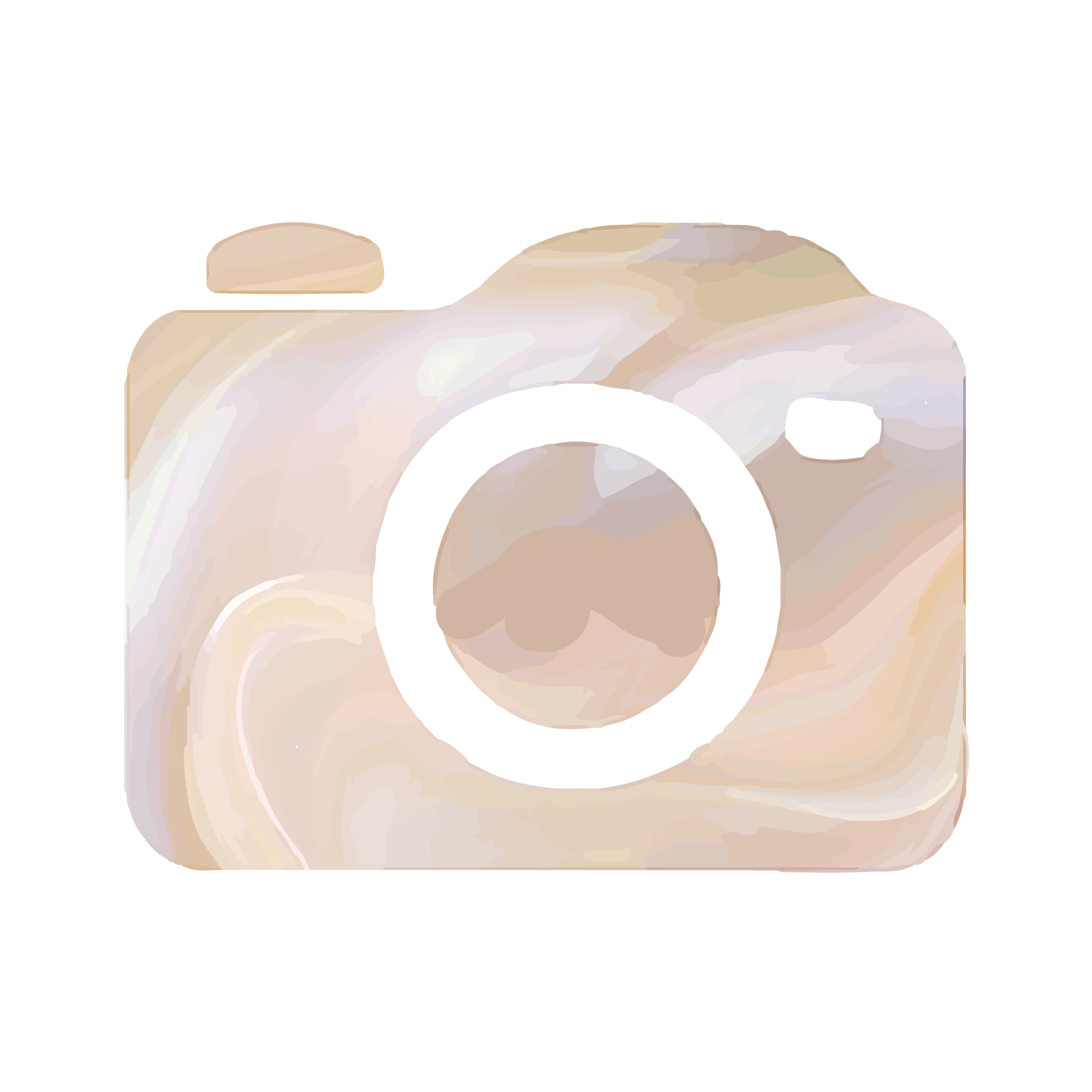 A stylized illustration of a camera with a cloud like texture and a white circular lens.