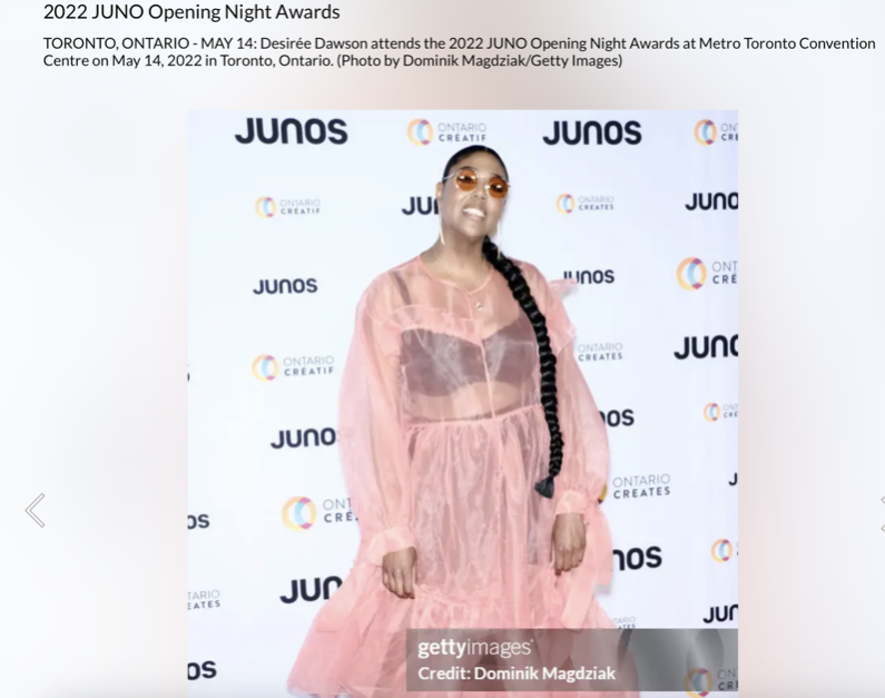 Desirée Dawson wearing sunglasses and a pink sheer dress with a long braid stands in front of a backdrop with logos for JUNOS and Ontario Creates at the 2022 JUNO Opening Night Awards in Toronto.