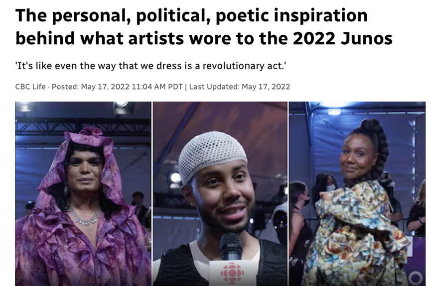 Images from a CBC article of Bilal Baig, Mustafa, and Desirée Dawson wearing fashionable clothing at the 2022 Junos music awards event, highlighting personal, political, and poetic inspiration behind their outfits.