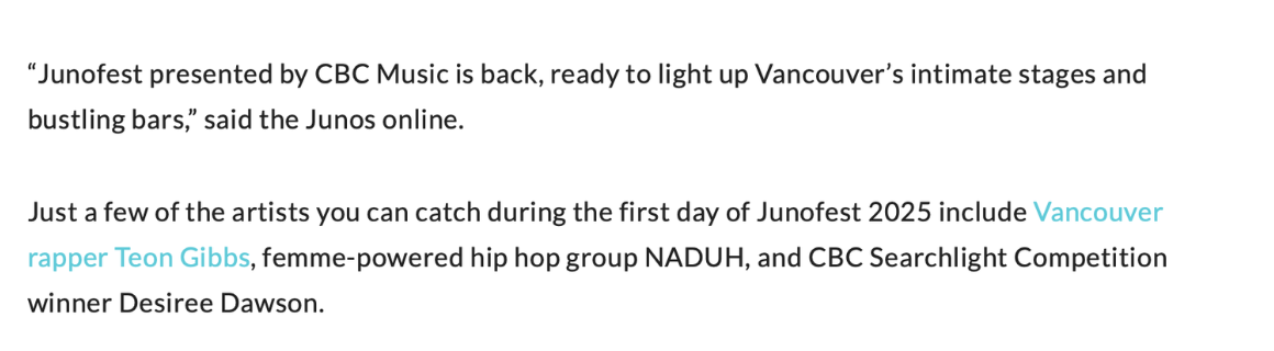 Text describing Junofest and featured artists, including Vancouver rapper Teon Gibbs, NADUH, and Desiree Dawson.