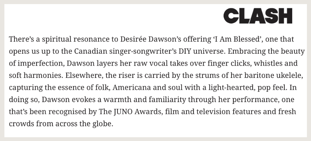 Text discussing Desiree Dawson's musical style and recognition, with the heading 'CLASH' at the top right.