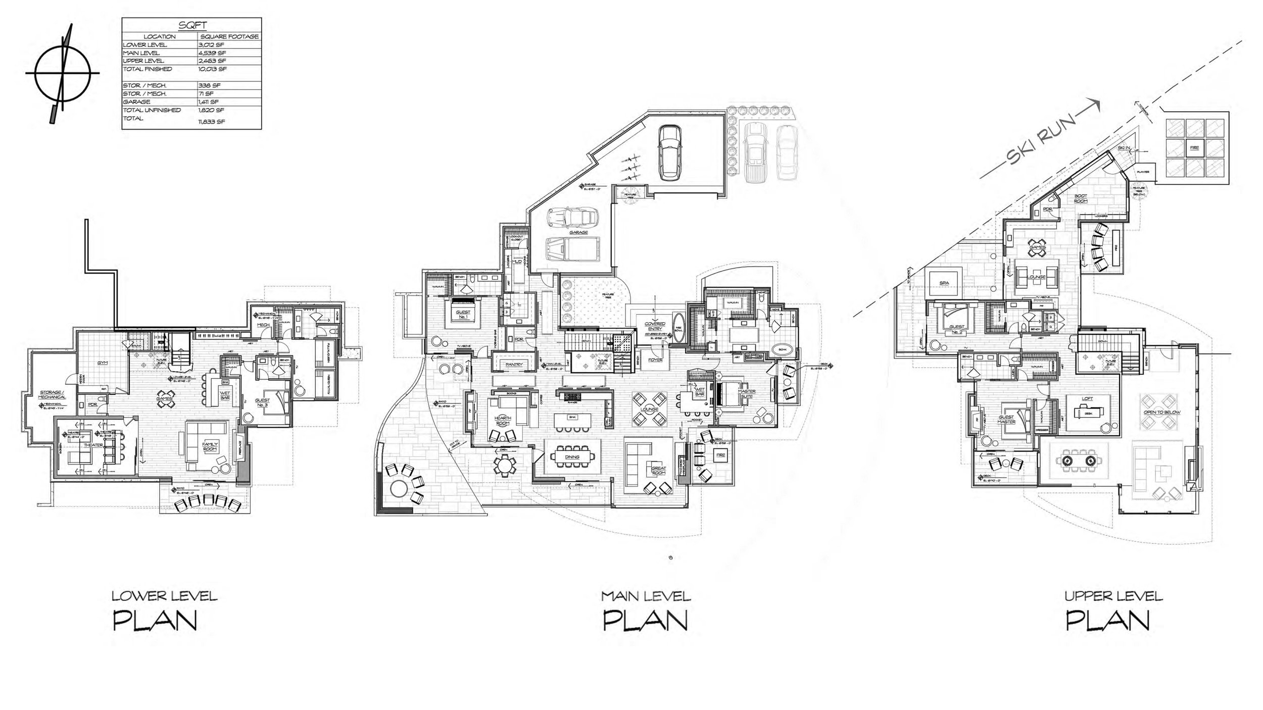 Floor plans for a three-level house, including a lower level, main level, and upper level, with detailed room layouts, garage, outdoor areas, and a ski run.