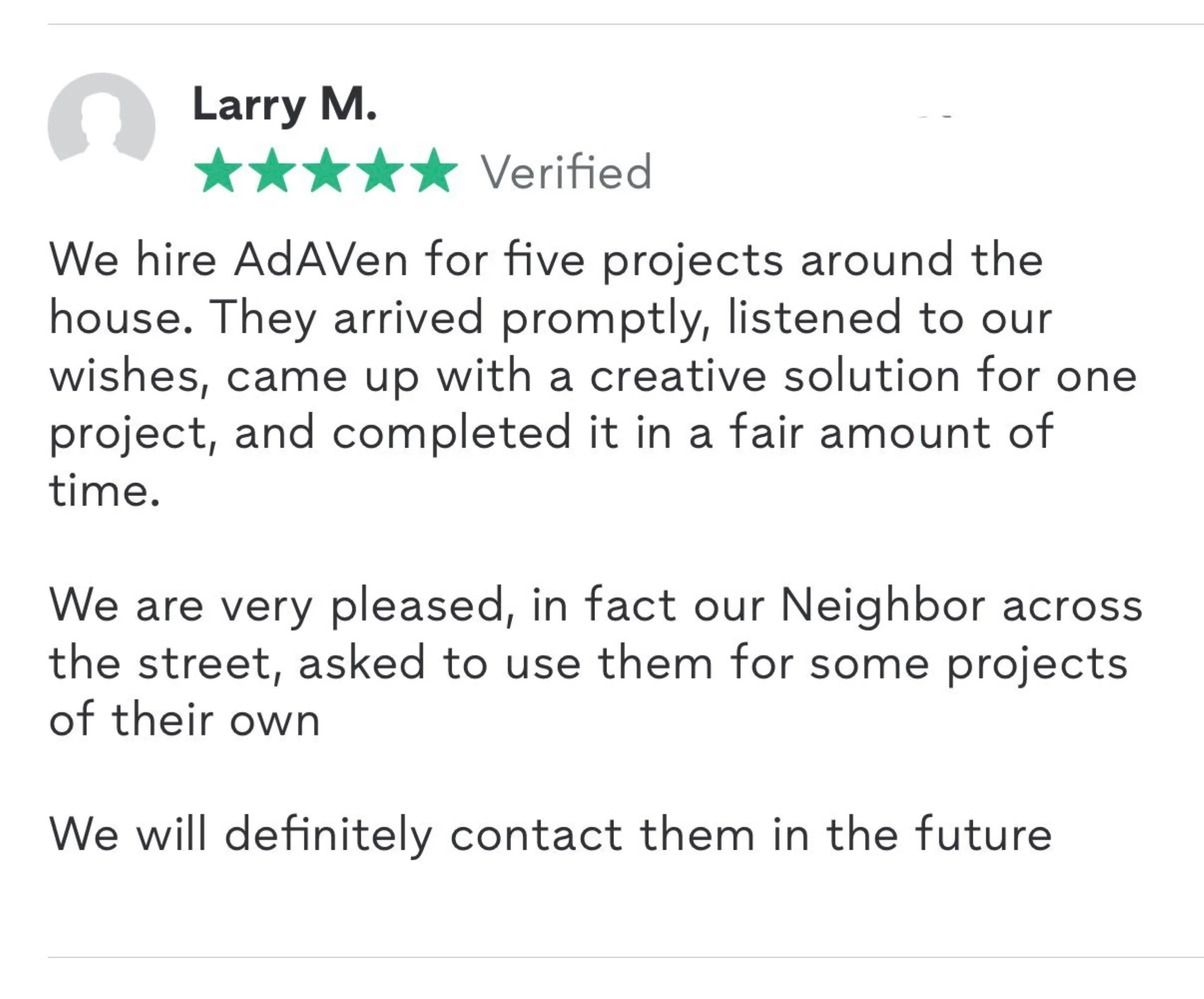 5-star customer review for AdVen Handyman — Orange County, CA