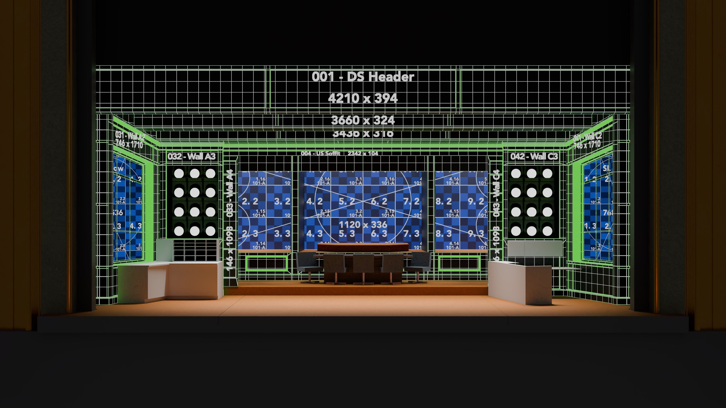 Interior view of a room with digital blueprint projections on the walls, a round conference table with chairs in the center, and window-like screens with blue schematic diagrams.
