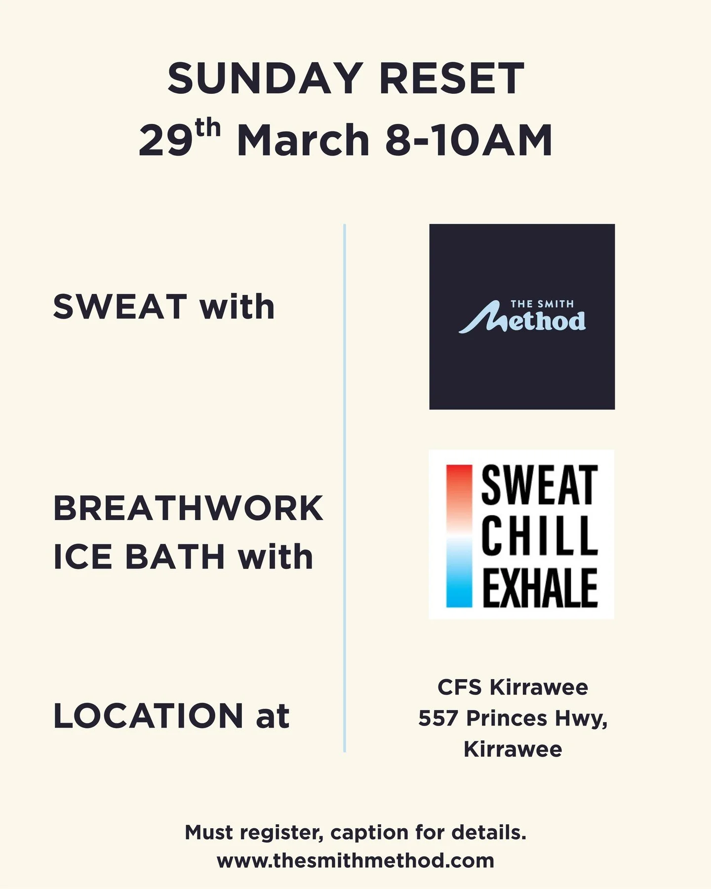 SUNDAY RESET 💛

This Sunday we&rsquo;re bringing something a little different to Kirrawee&hellip;

Sweat with The Smith Method
Then slow it down with breathwork + ice baths with Sweat, Chill, Exhale ❄️

And the best part&hellip;

You don&rsquo;t hav