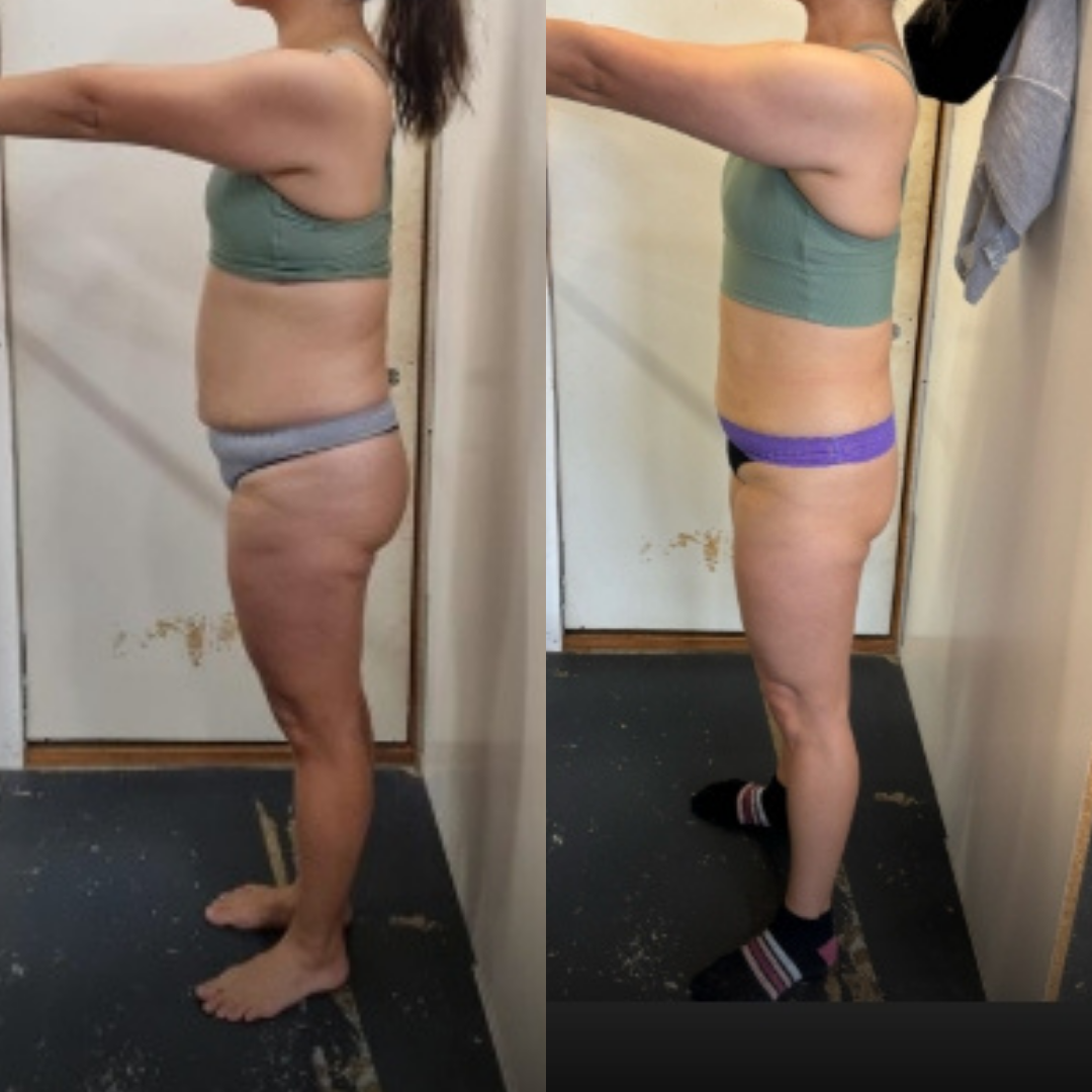 Side-by-side comparison of a woman before and after weight loss, showing changes in body shape and size. She is wearing similar athletic wear in both images, standing against a door with a white wall, with visible progress in body transformation.